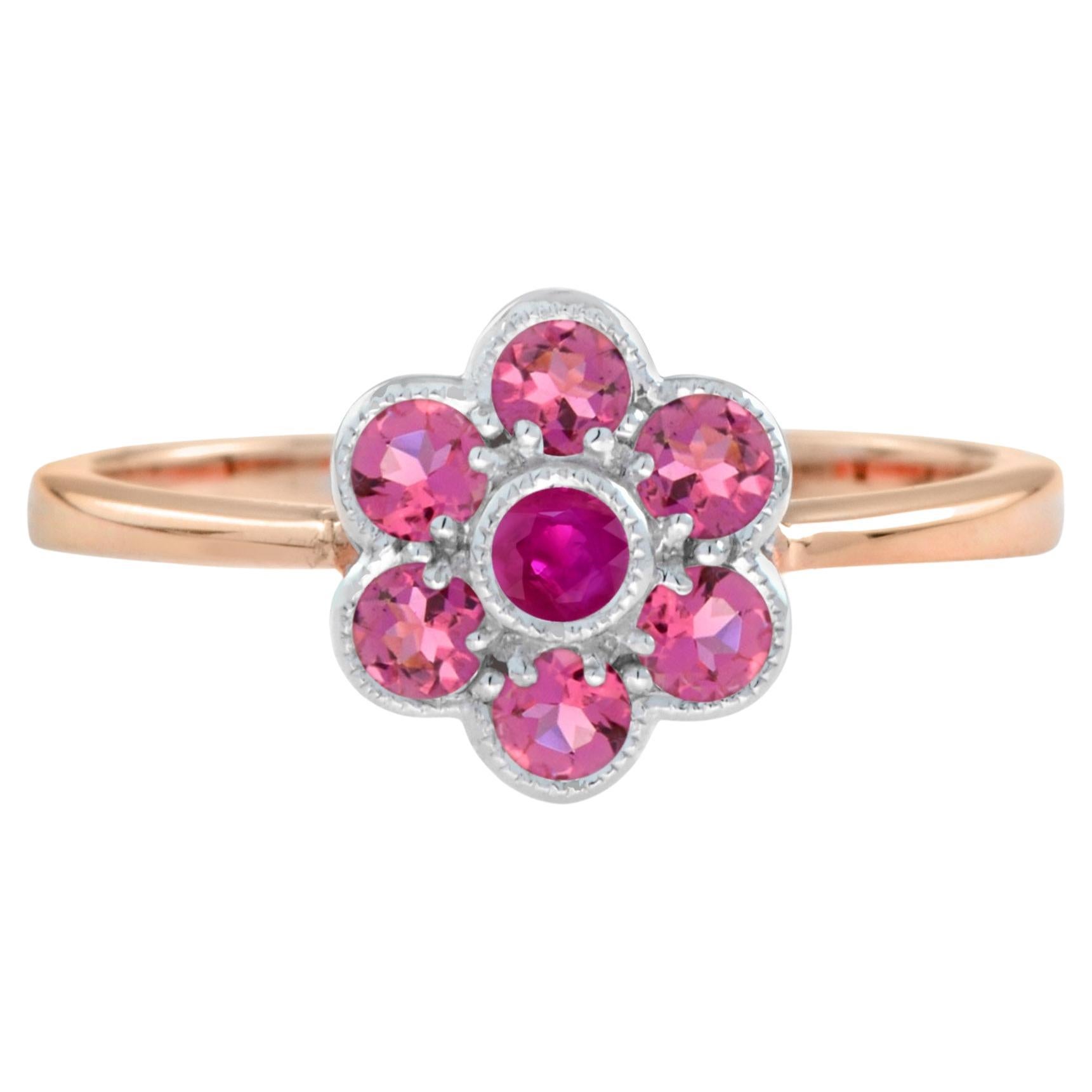 For Sale:  Ruby and Pink Tourmaline Floral Cluster Ring in 14K Rose Gold 3