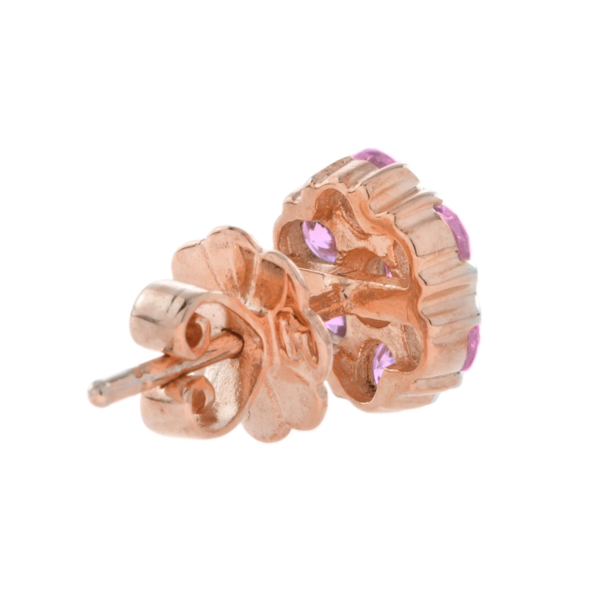 Edwardian Ruby and Pink Tourmaline Floral Cluster Stud Earrings in 14K Rose Gold For Sale
