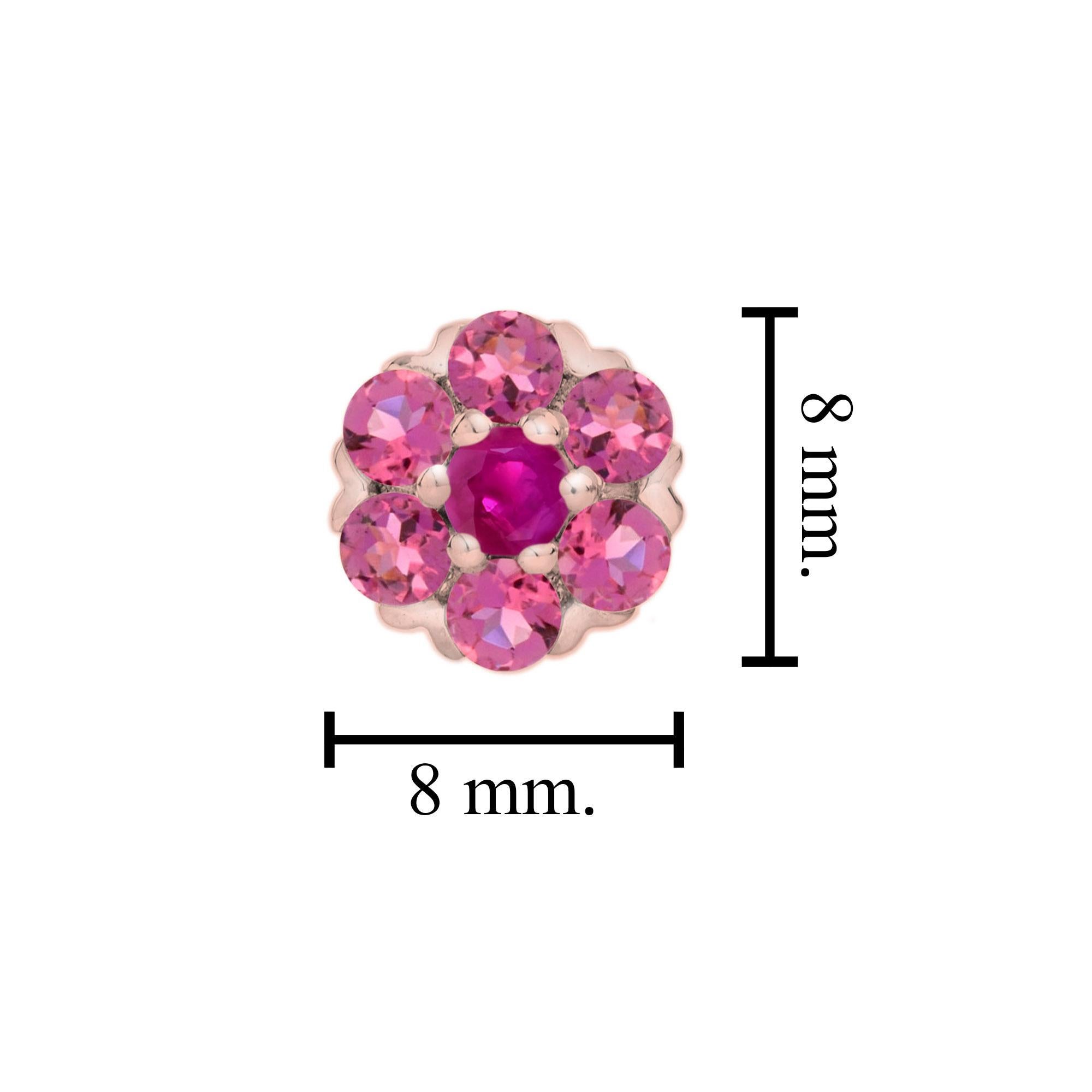 Round Cut Ruby and Pink Tourmaline Floral Cluster Stud Earrings in 14K Rose Gold For Sale