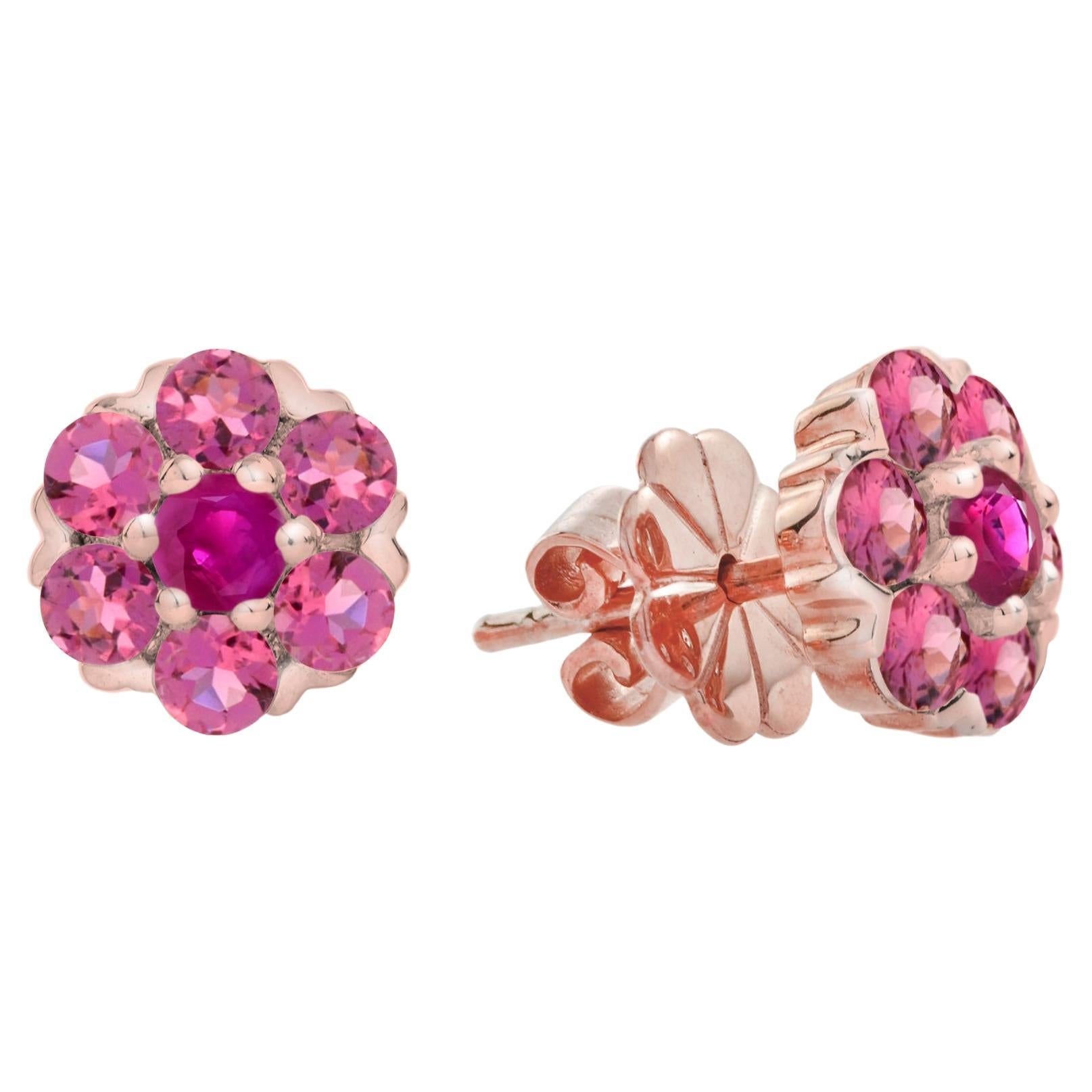 Ruby and Pink Tourmaline Floral Cluster Stud Earrings in 14K Rose Gold For Sale