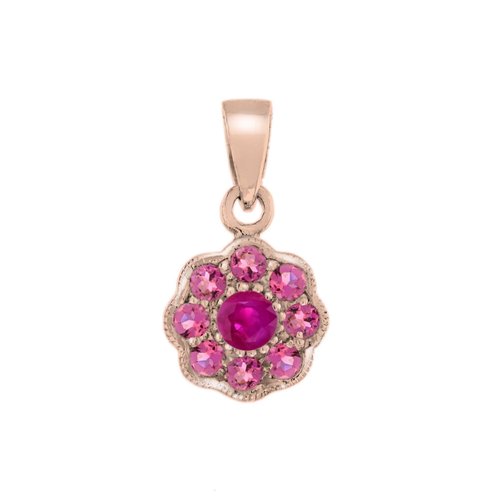 For Sale:  Ruby and Pink Tourmaline Floral Jewelry Set in 14K Rose Gold 14