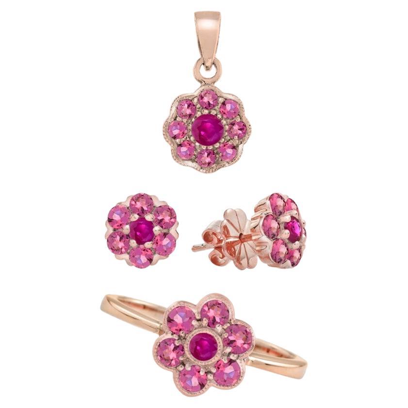 Ruby and Pink Tourmaline Floral Jewelry Set in 14K Rose Gold