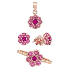 Ruby and Pink Tourmaline Floral Jewelry Set in 14K Rose Gold