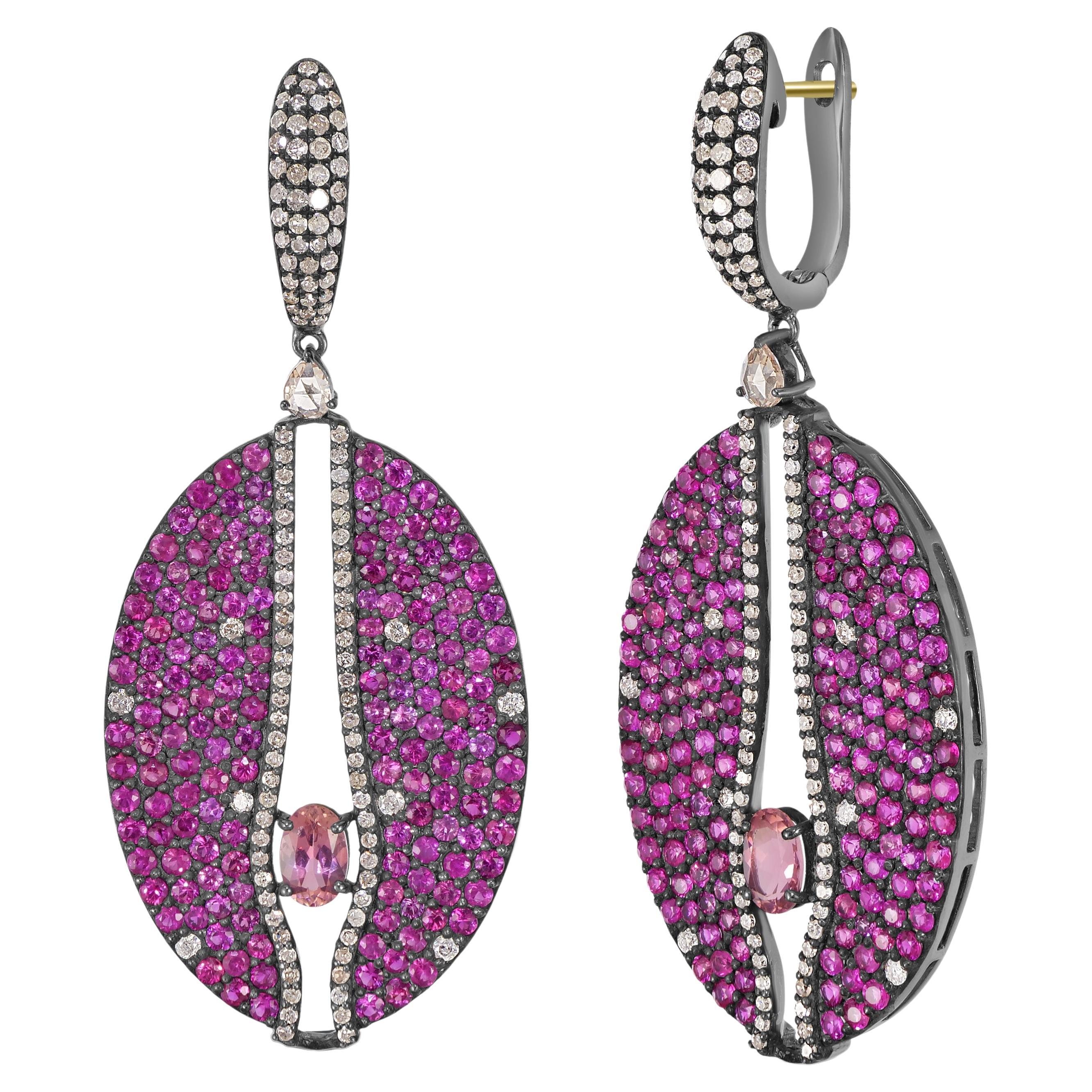 Ruby and Pink Tourmaline Victorian Dangle Earrings with Diamond in 18K/925 Gold For Sale