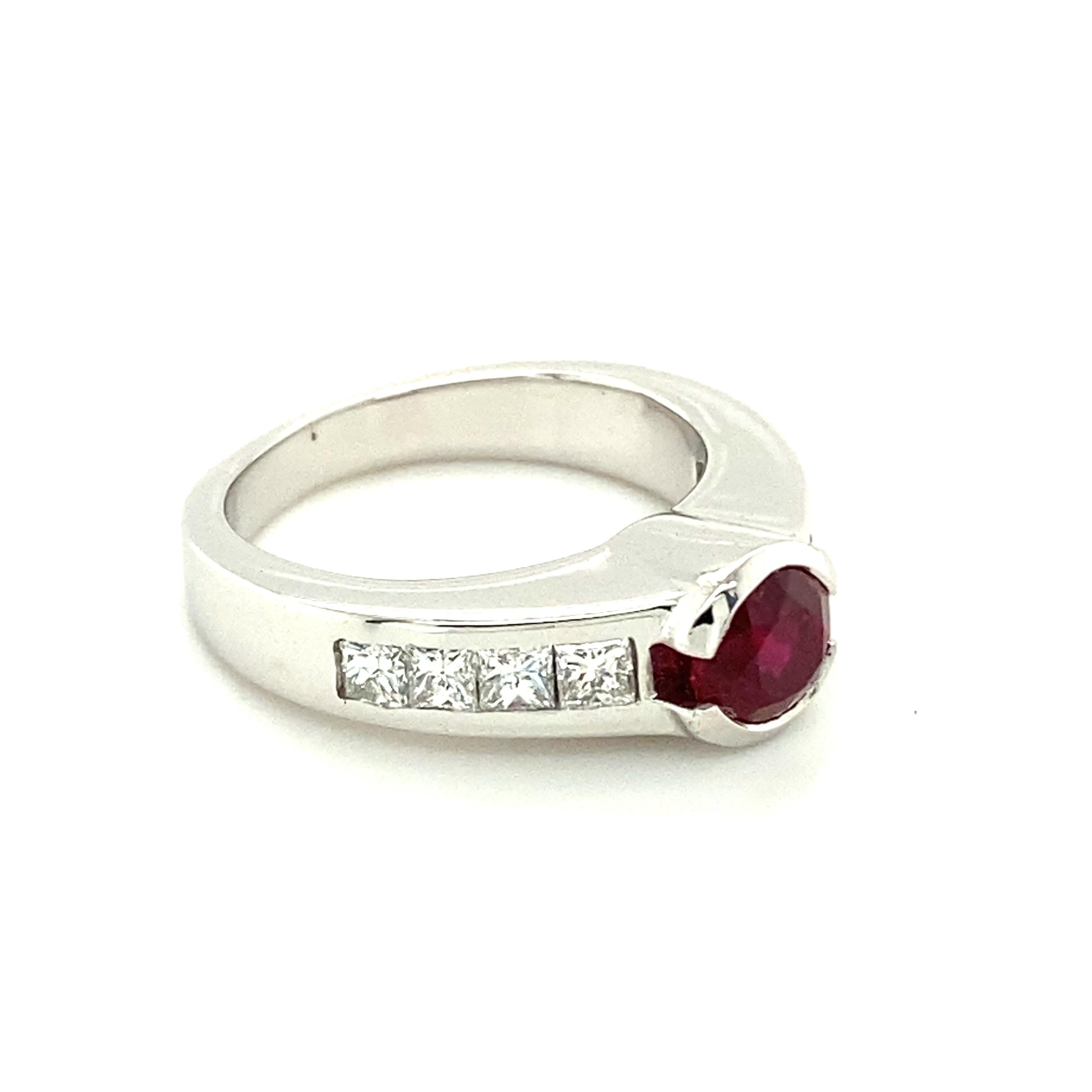 Contemporary Ruby and Princess-Cut Diamond Ring in 18 Karat White Gold For Sale