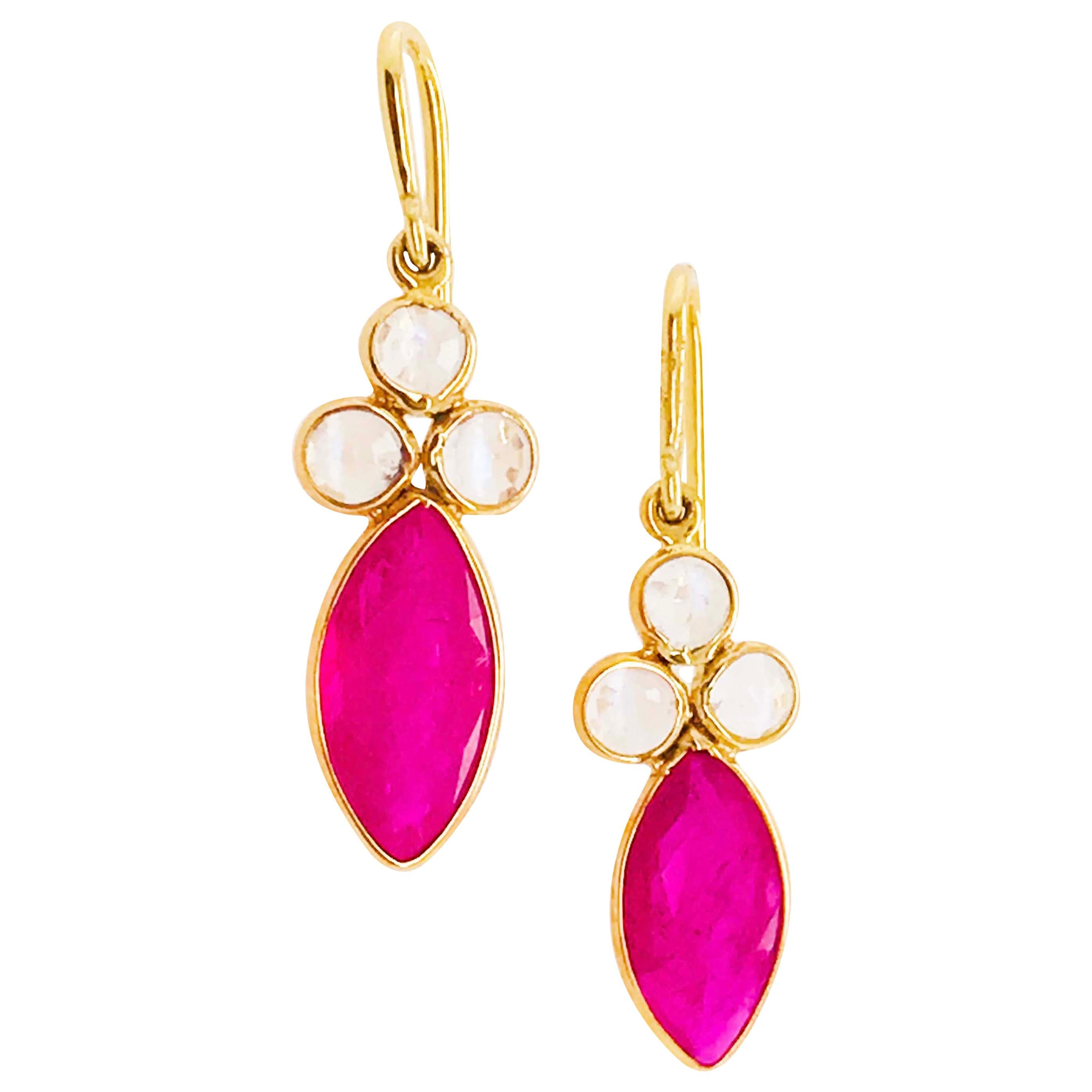 Ruby and Rainbow Moonstone Earrings, 18 Karat Yellow Gold Earring Dangles