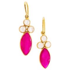 Ruby and Rainbow Moonstone Earrings, 18 Karat Yellow Gold Earring Dangles