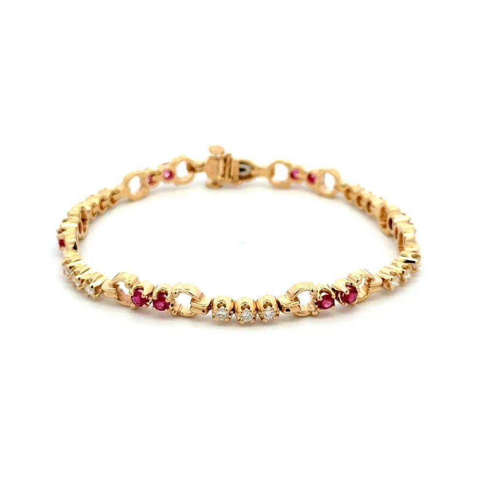 Round Cut Ruby and RBC Diamond Gold Bit Link Vintage Bracelet For Sale