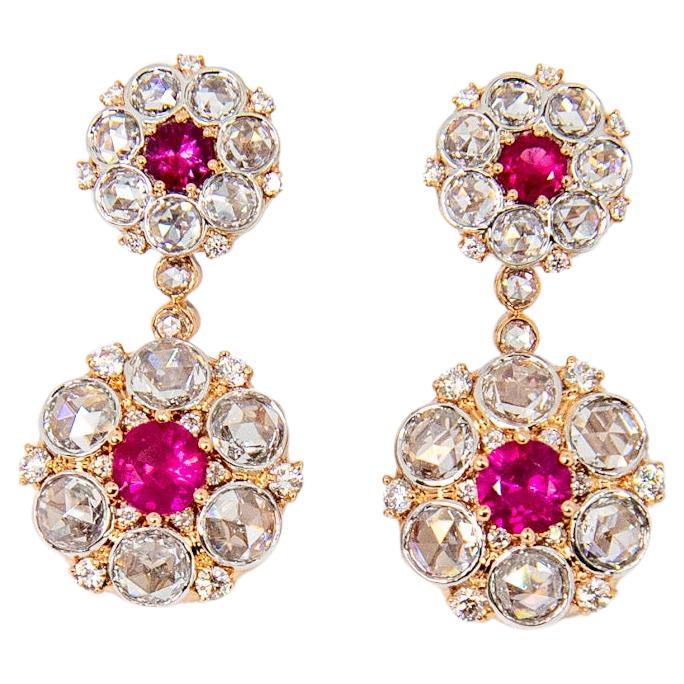 Antique Style Ruby and Rose Cut Diamond Cluster Drop Earrings For Sale