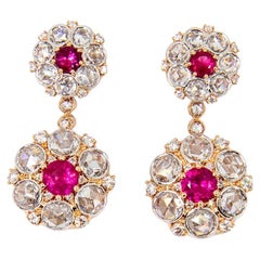 Antique Style Ruby and Rose Cut Diamond Cluster Drop Earrings