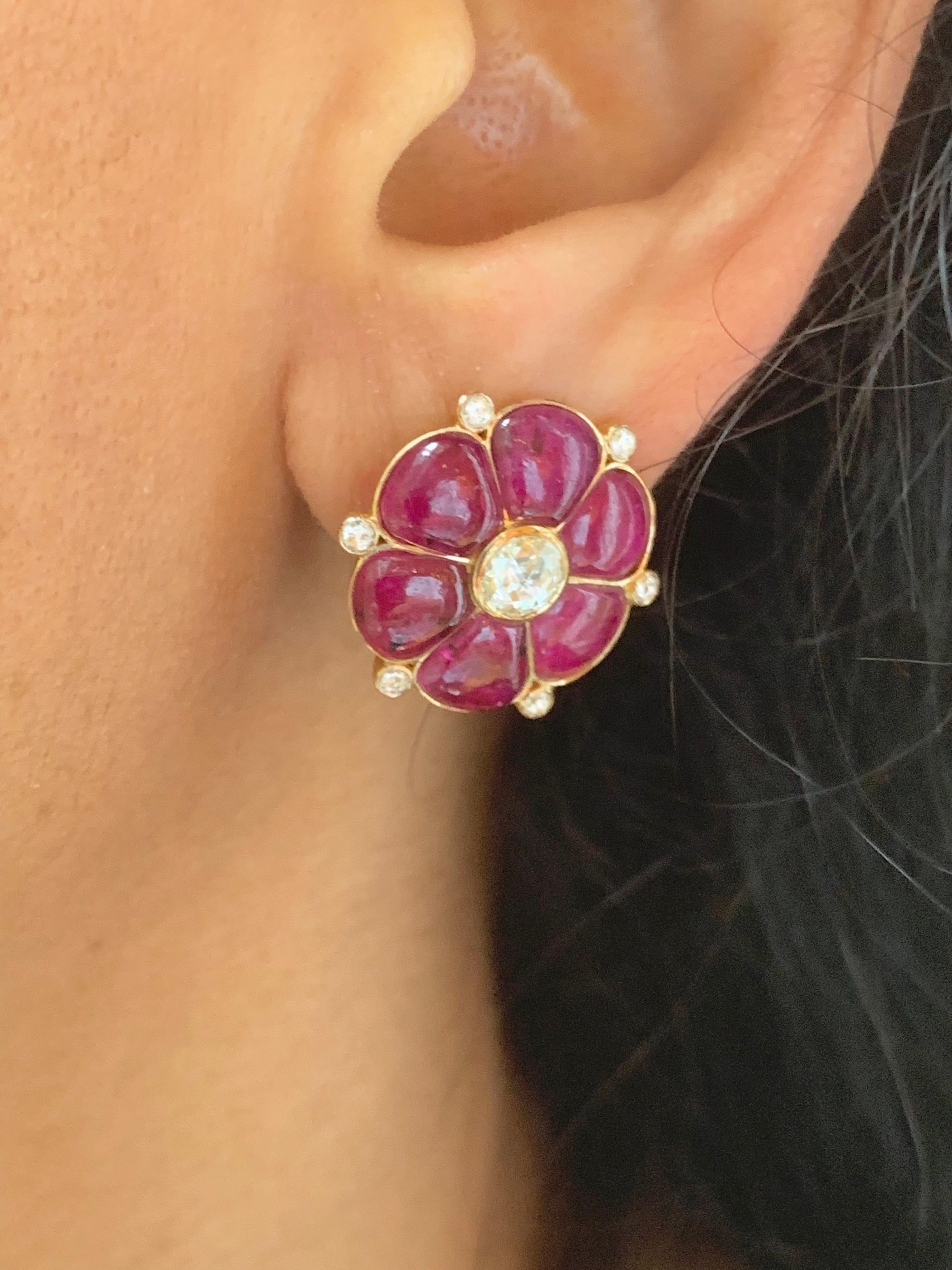 Contemporary Manpriya B Ruby & Rose Cut Diamond 18 Karat Gold Stud Clip On Earrings For Sale