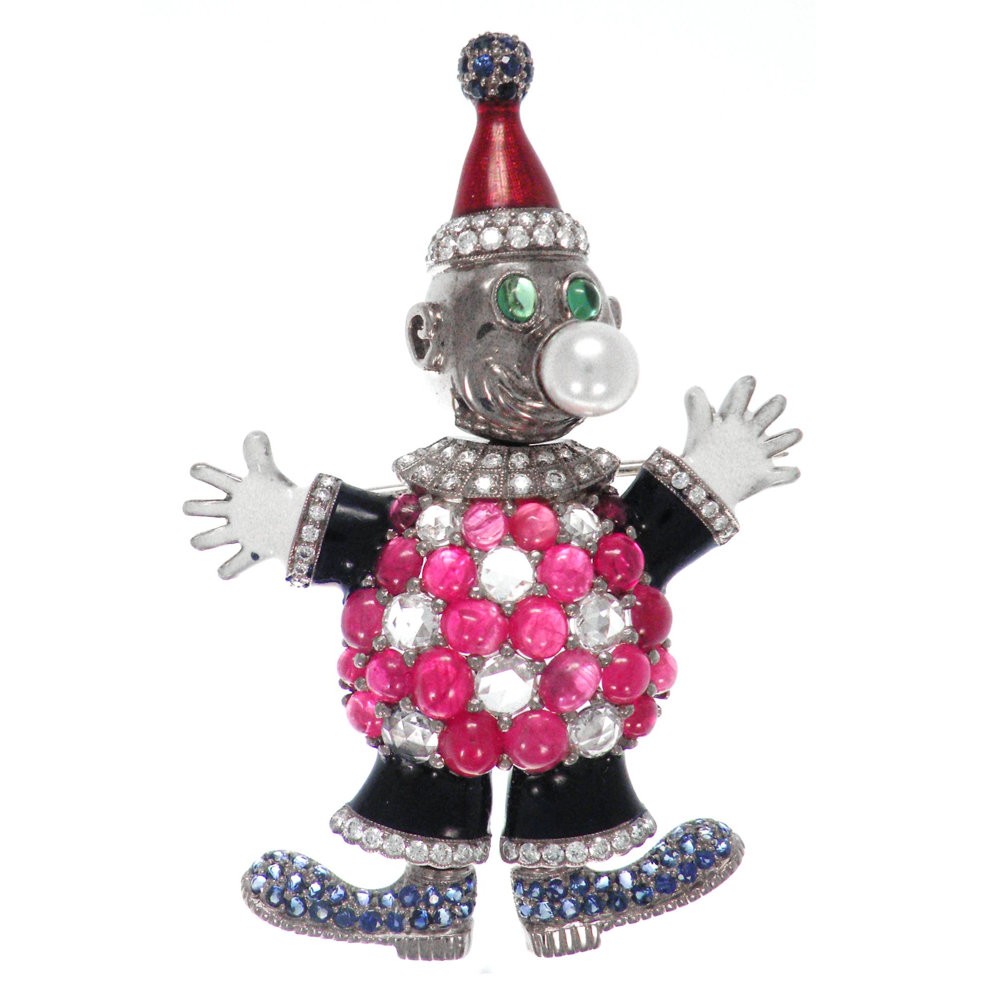 Out of all happiness faces, this clown has the most happiest face among our collection.
He brings everyone a smiley face by turning side to side and sharing his smile.
His nose sets with a pearl, while his red and white apparel sets with 22