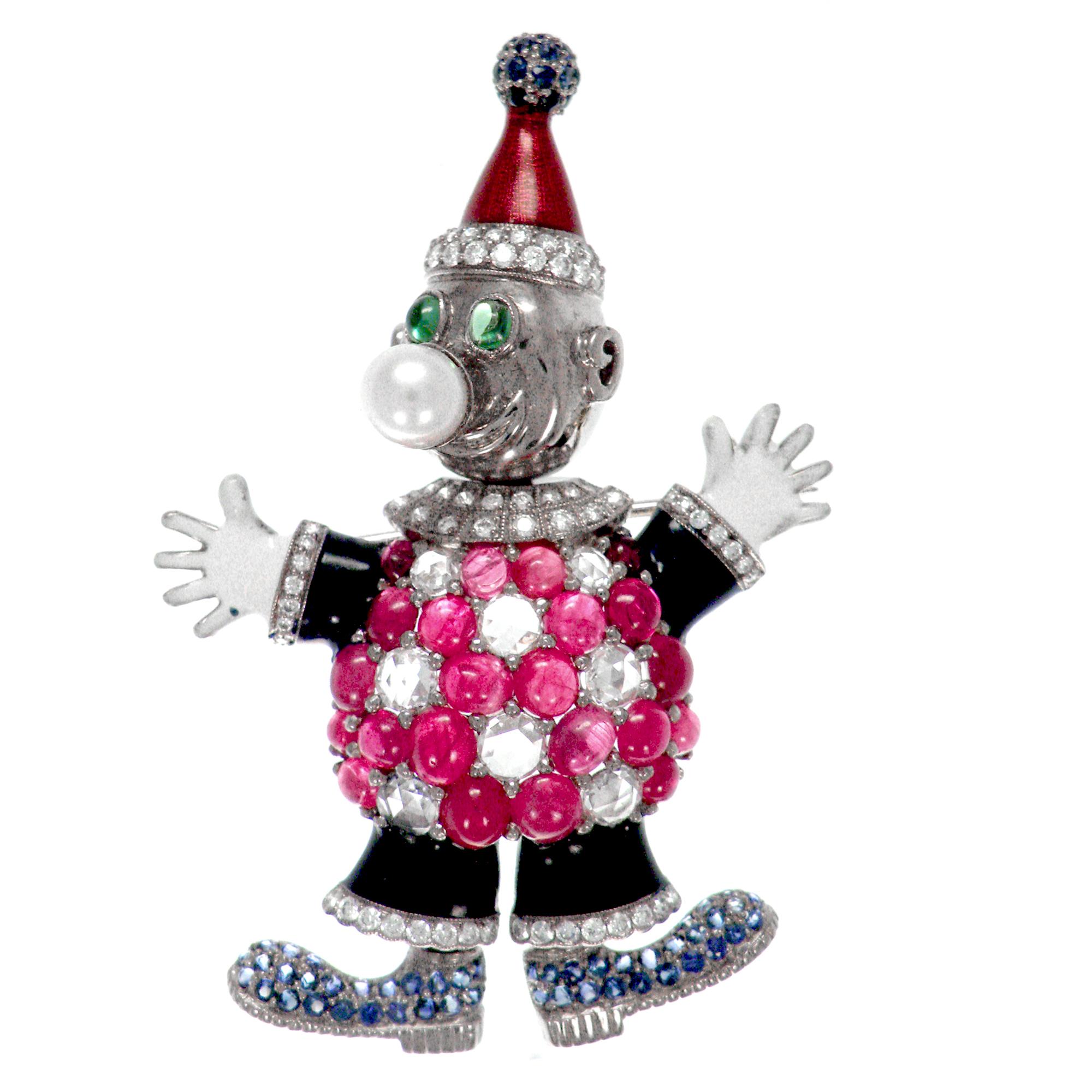 Contemporary Edwardian Ruby and Rose Cut Diamond Antique Enamel Classical Clown Brooch For Sale