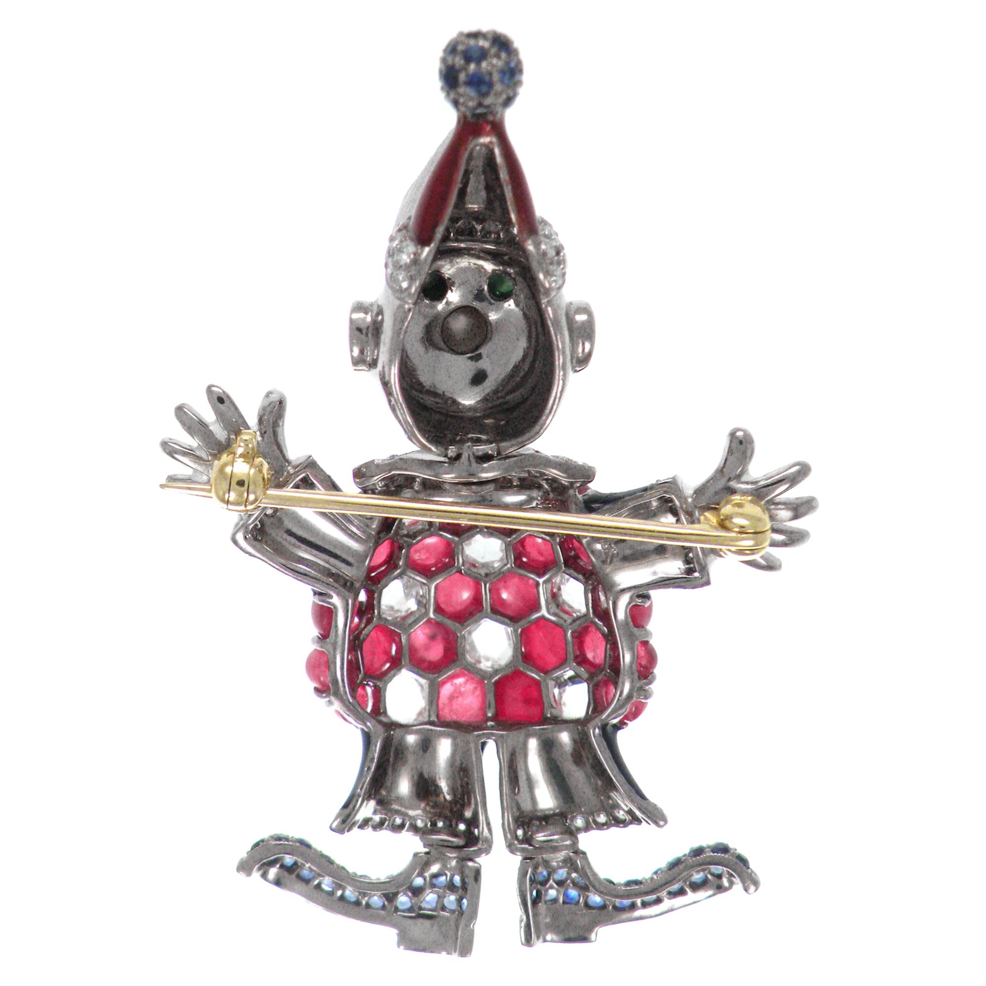 Edwardian Ruby and Rose Cut Diamond Antique Enamel Classical Clown Brooch In Good Condition For Sale In Bangkok, TH