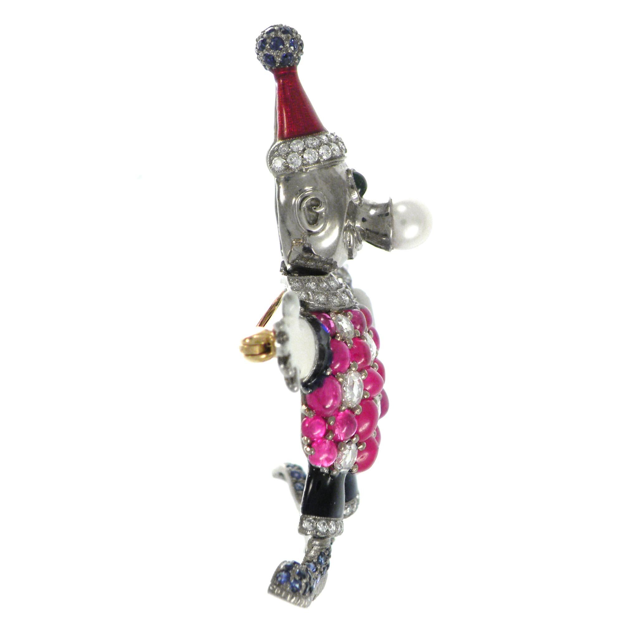 Women's or Men's Edwardian Ruby and Rose Cut Diamond Antique Enamel Classical Clown Brooch For Sale