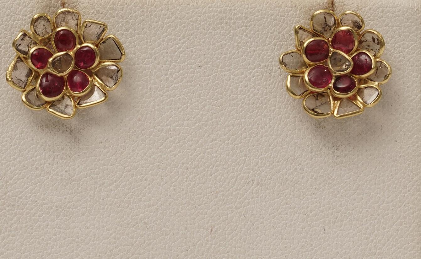 Women's or Men's Ruby and Rose Cut Diamond Flower Stud Earrings