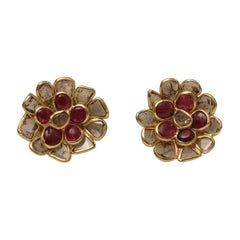 Ruby and Rose Cut Diamond Flower Stud Earrings