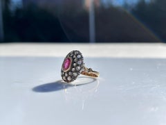 Ruby and Rose Cut Diamonds, 18 Karat Yellow Gold and Silver Vintage Dome Ring