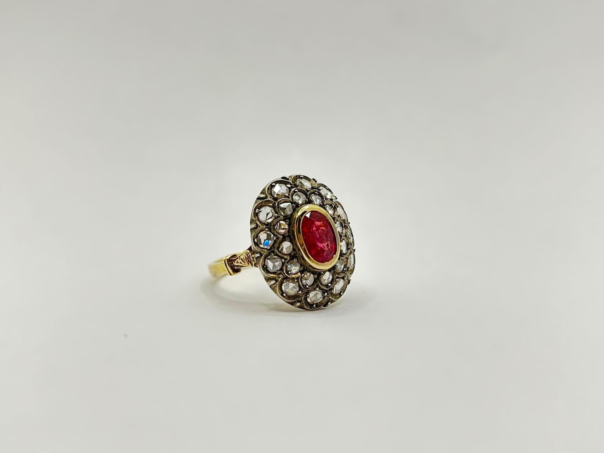 Women's or Men's Ruby and Rose Cut Diamonds, 18 Karat Yellow Gold and Silver Vintage Dome Ring For Sale