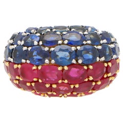 Ruby and Sapphire Bombe Ring Set in 18 Karat Yellow Gold and Platinum