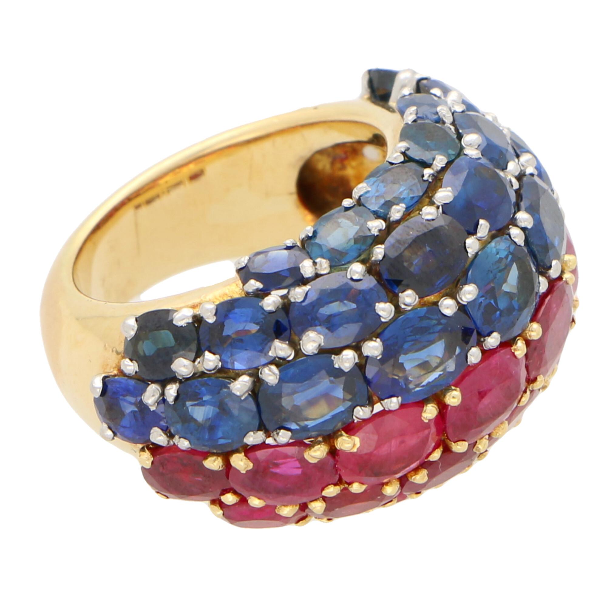 Retro Ruby and Sapphire Bombe Ring Set in 18 Karat Yellow Gold and Platinum