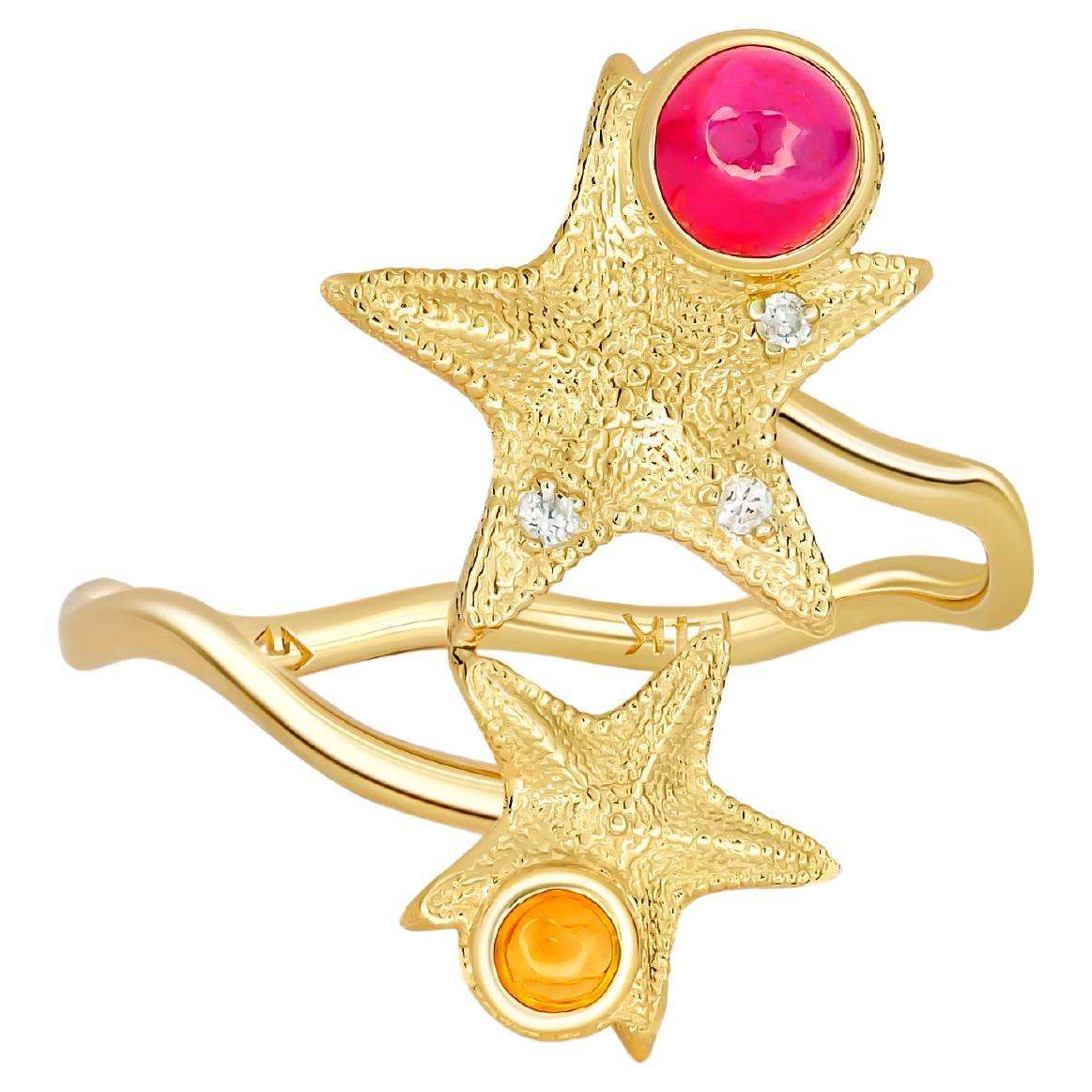 For Sale:   Ruby and Sapphire cabochon ring in 14 karat gold.  Star Fish Ring!