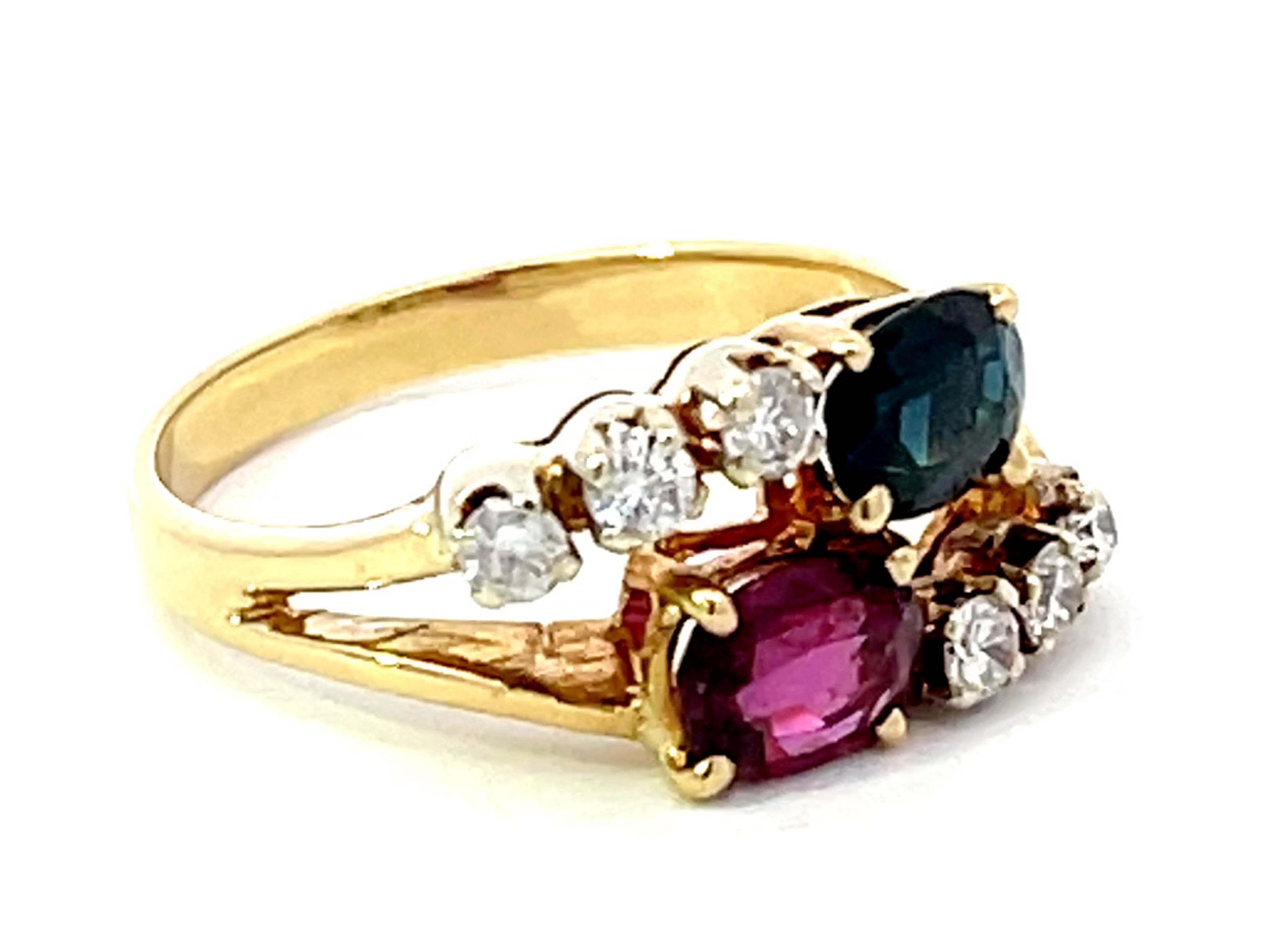 Modern Ruby and Sapphire Diamond Ring in 14k Yellow Gold For Sale