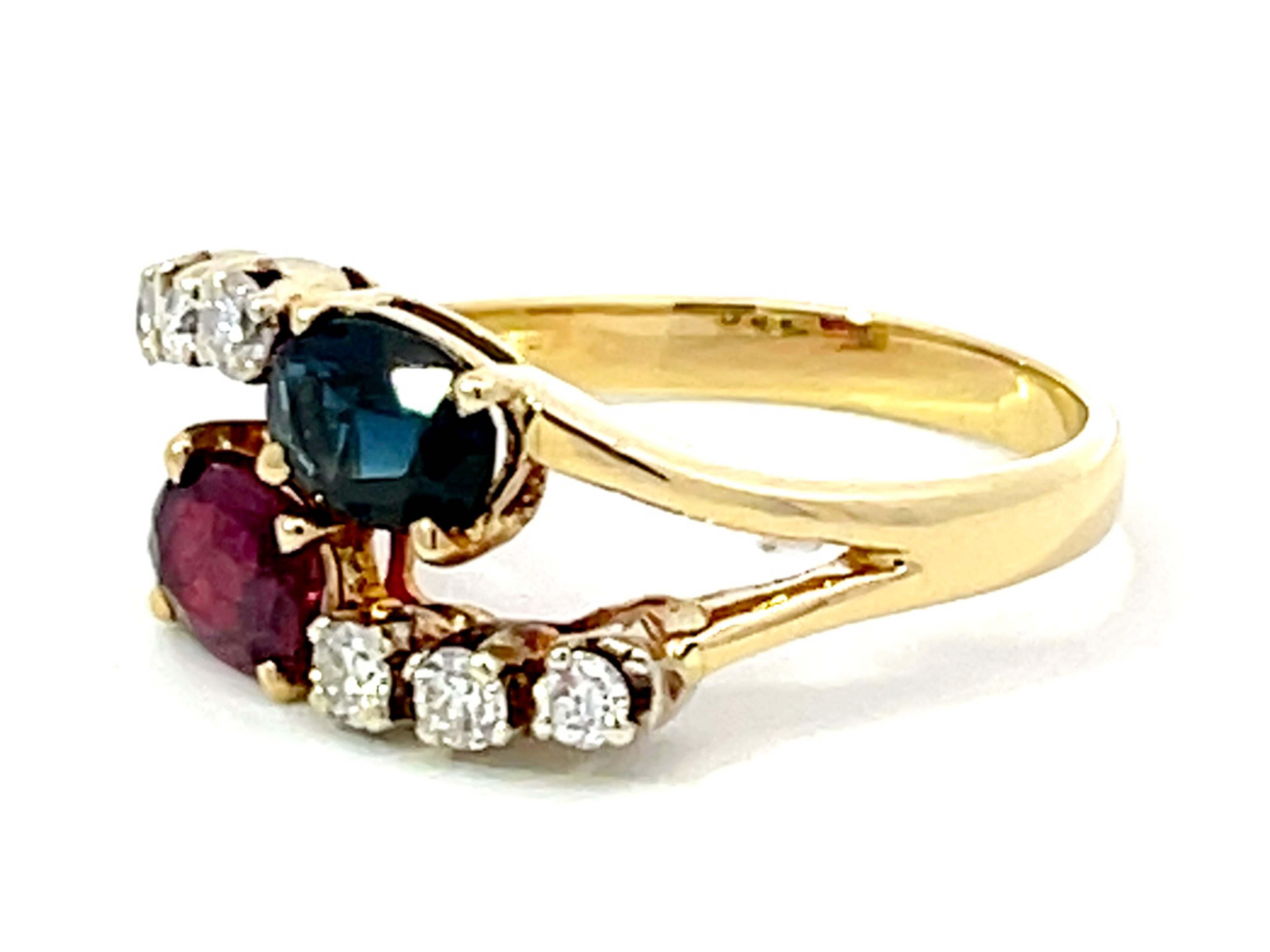 Oval Cut Ruby and Sapphire Diamond Ring in 14k Yellow Gold For Sale