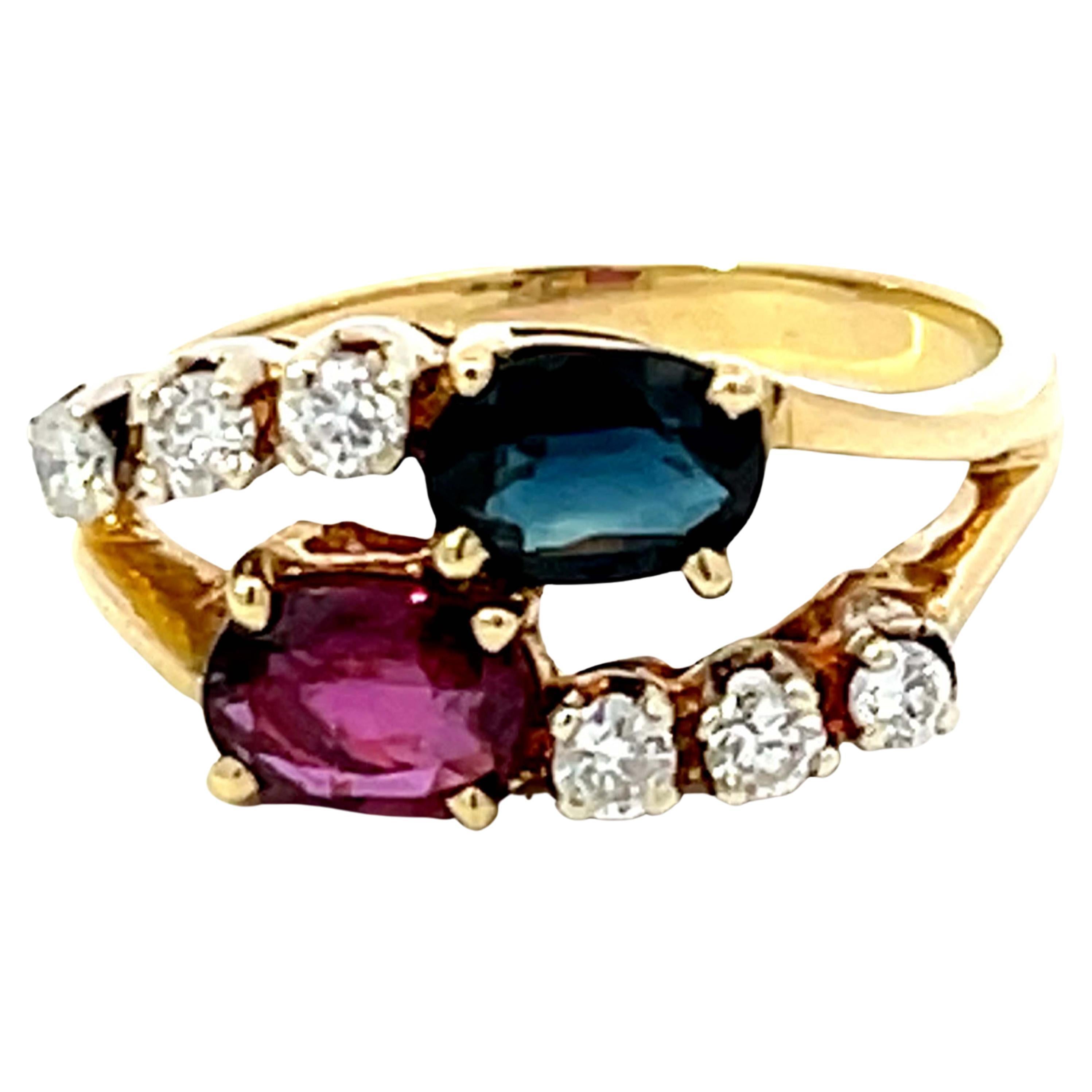 Ruby and Sapphire Diamond Ring in 14k Yellow Gold For Sale