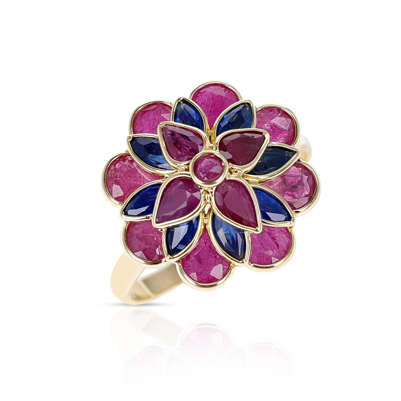 Marquise Cut Ruby and Sapphire Floral Ring, 18K Yellow Gold
