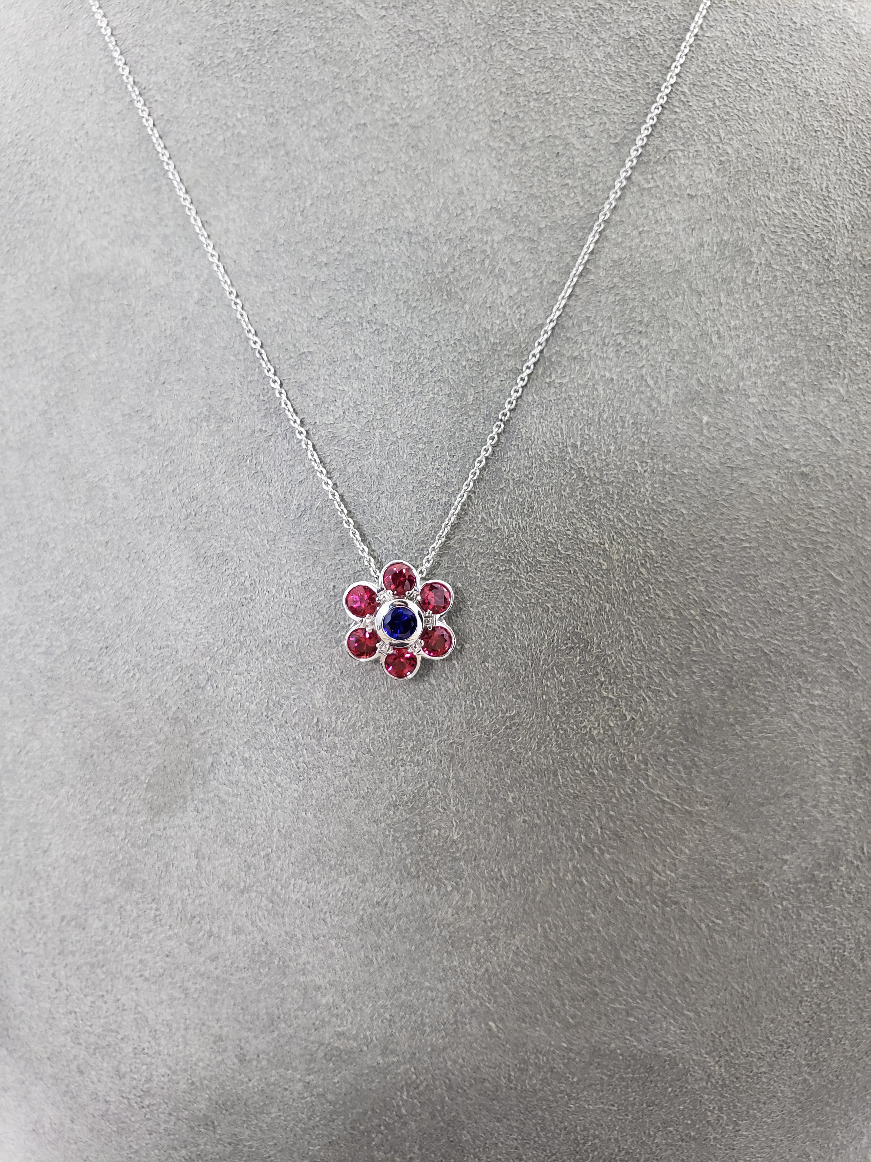 Contemporary Roman Malakov Ruby and Sapphire Flower Pendant Necklace For Sale