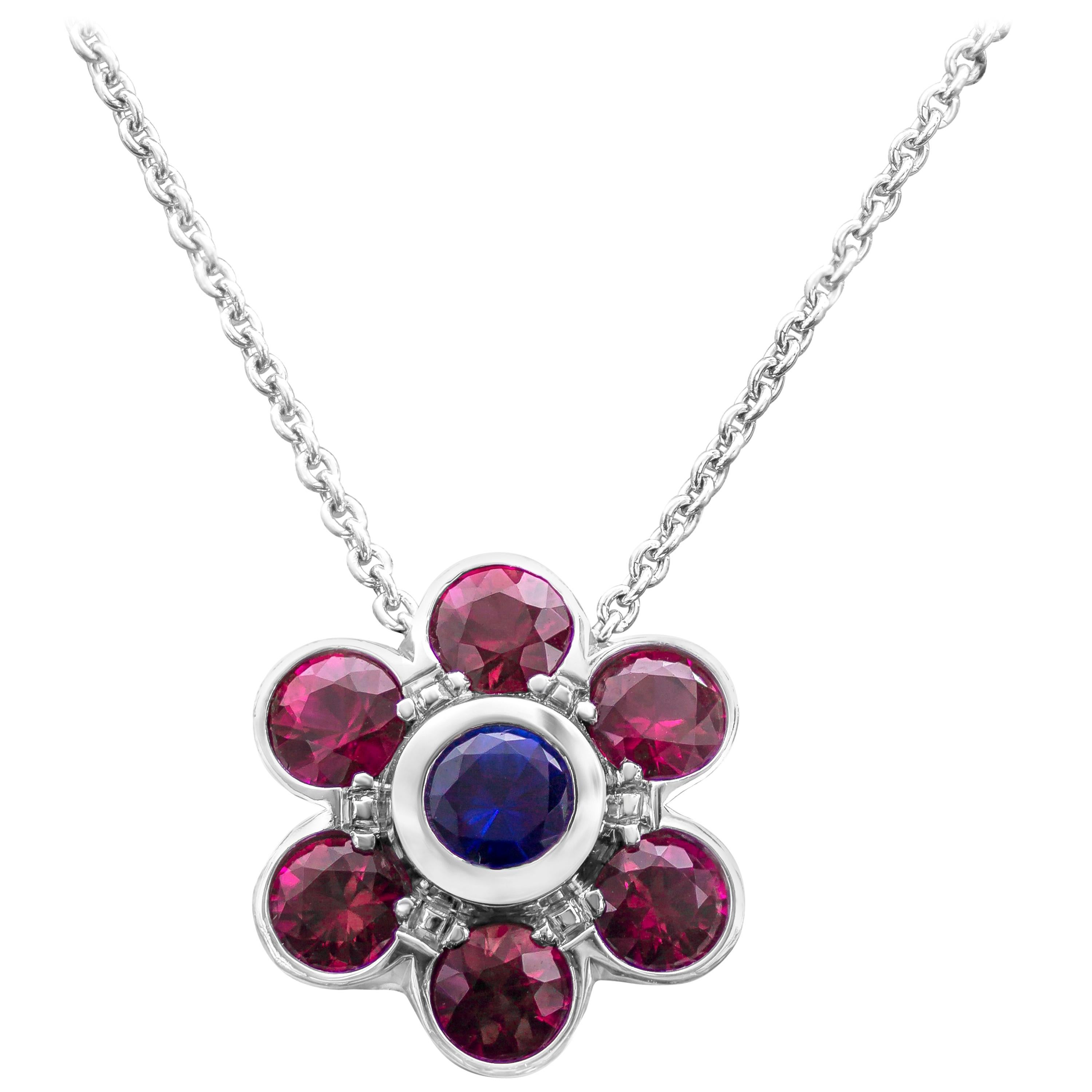 Roman Malakov Ruby and Sapphire Flower Pendant Necklace For Sale