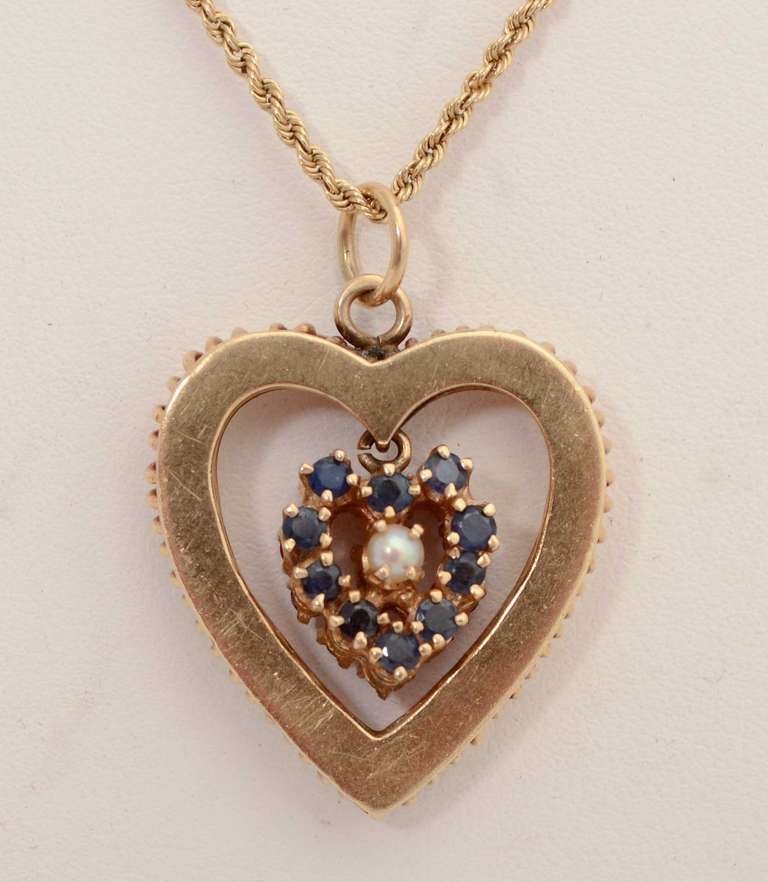 Retro Ruby and Sapphire Heart Pendant For Sale