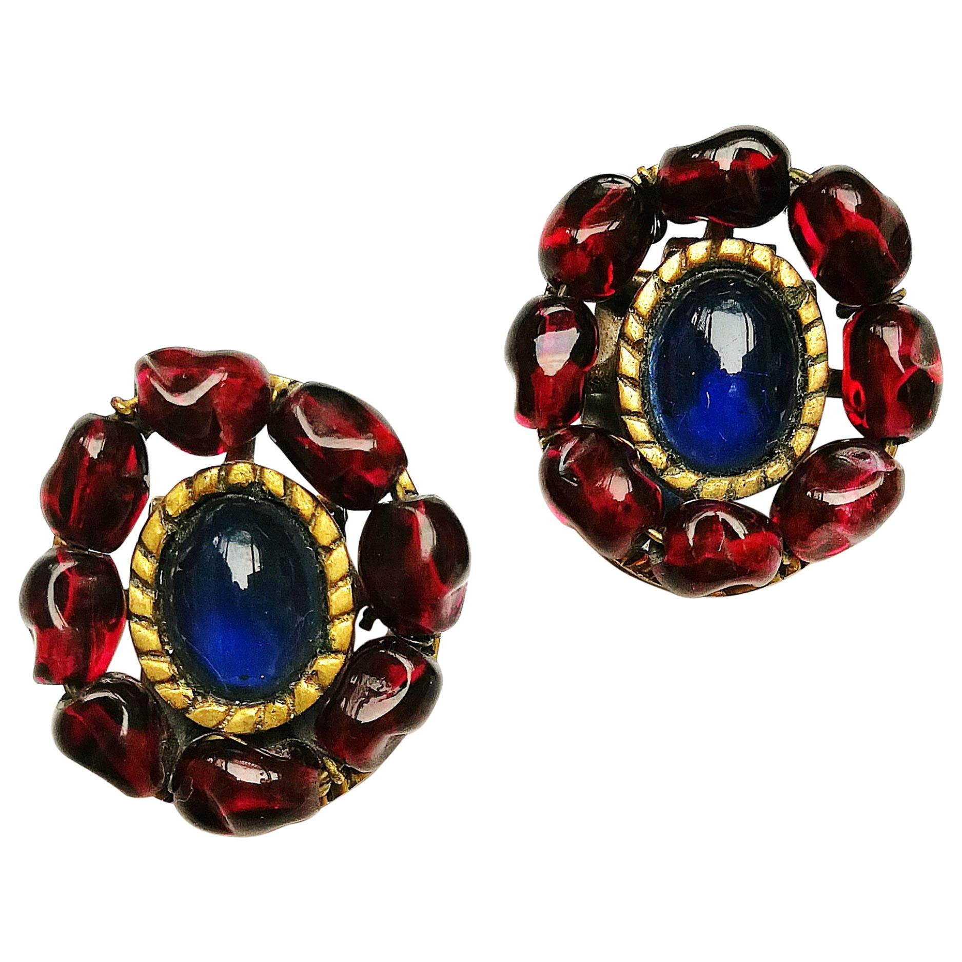Ruby and sapphire poured glass earrings, att. Maison Gripoix for Chanel, 1930s.