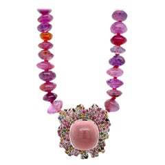 Ruby and Sapphire Rondell Necklace with a Rose Quartz and Tourmaline Clasp