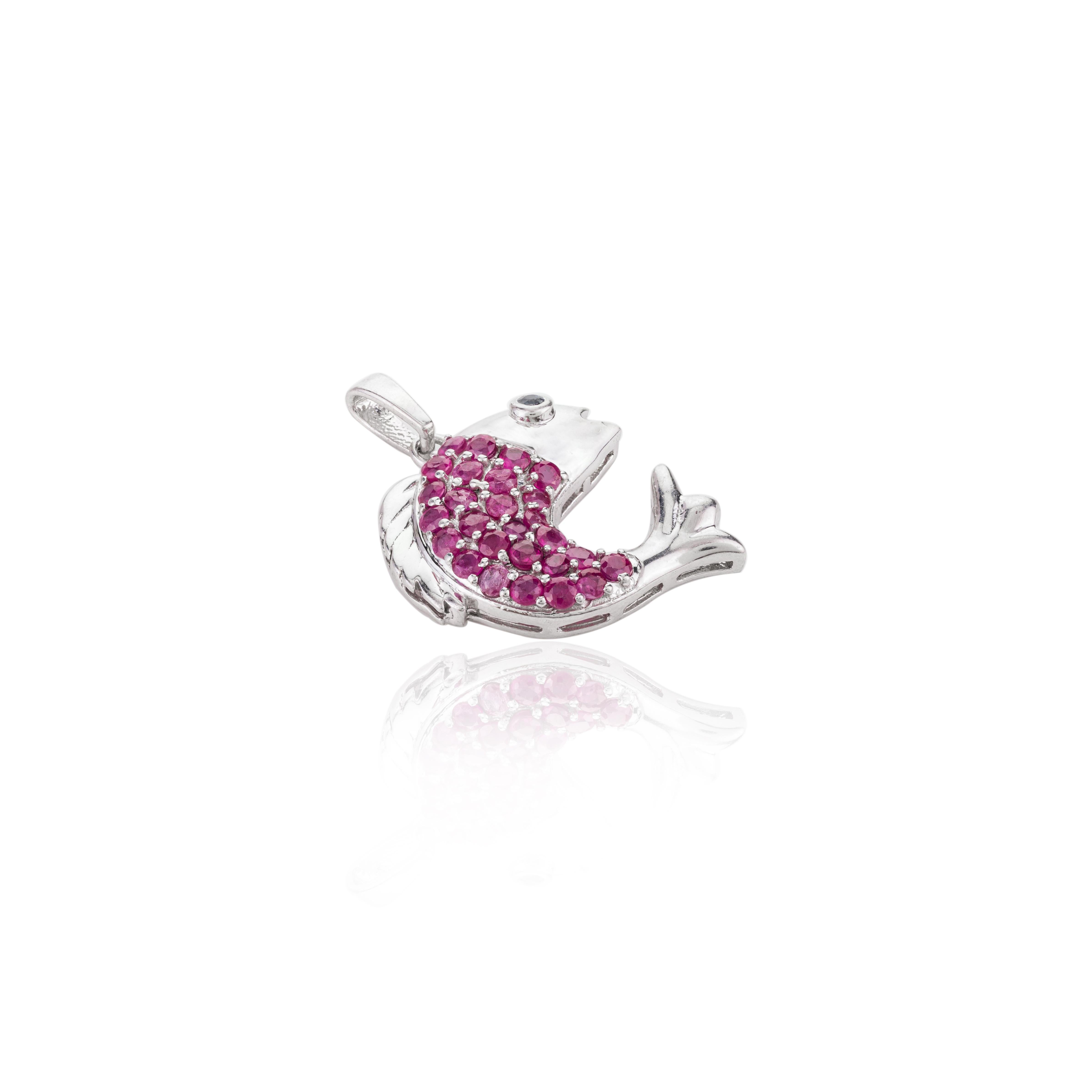 Women's Playful Dolphin Pendant Set in 925 Silver with Ruby and a Sapphire Eye for Gift For Sale