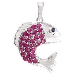Playful Dolphin Pendant Set in 925 Silver with Ruby and a Sapphire Eye for Gift