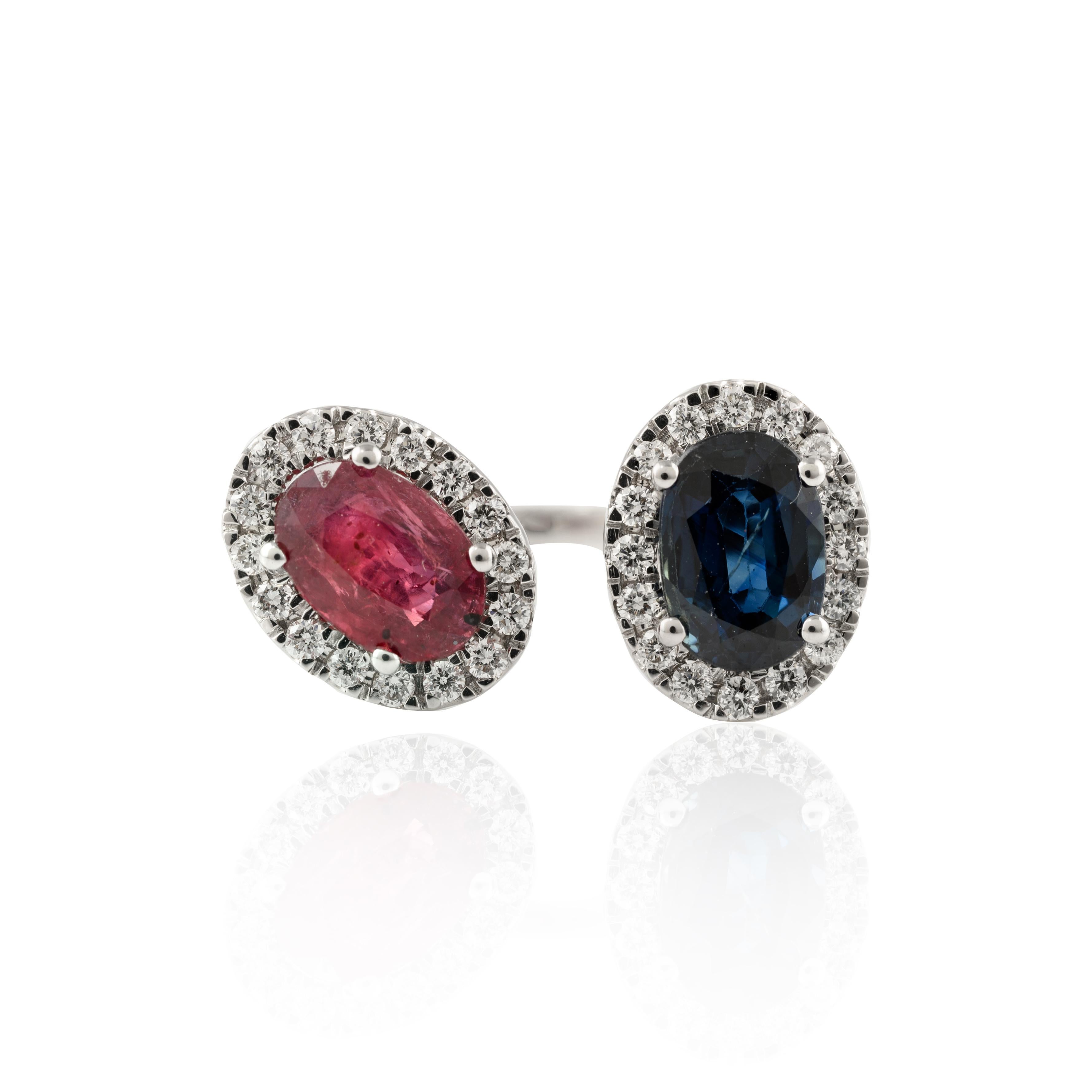 For Sale:  Certified Diamond, Ruby and Blue Sapphire Toi et Moi Ring 18k Solid White Gold 3