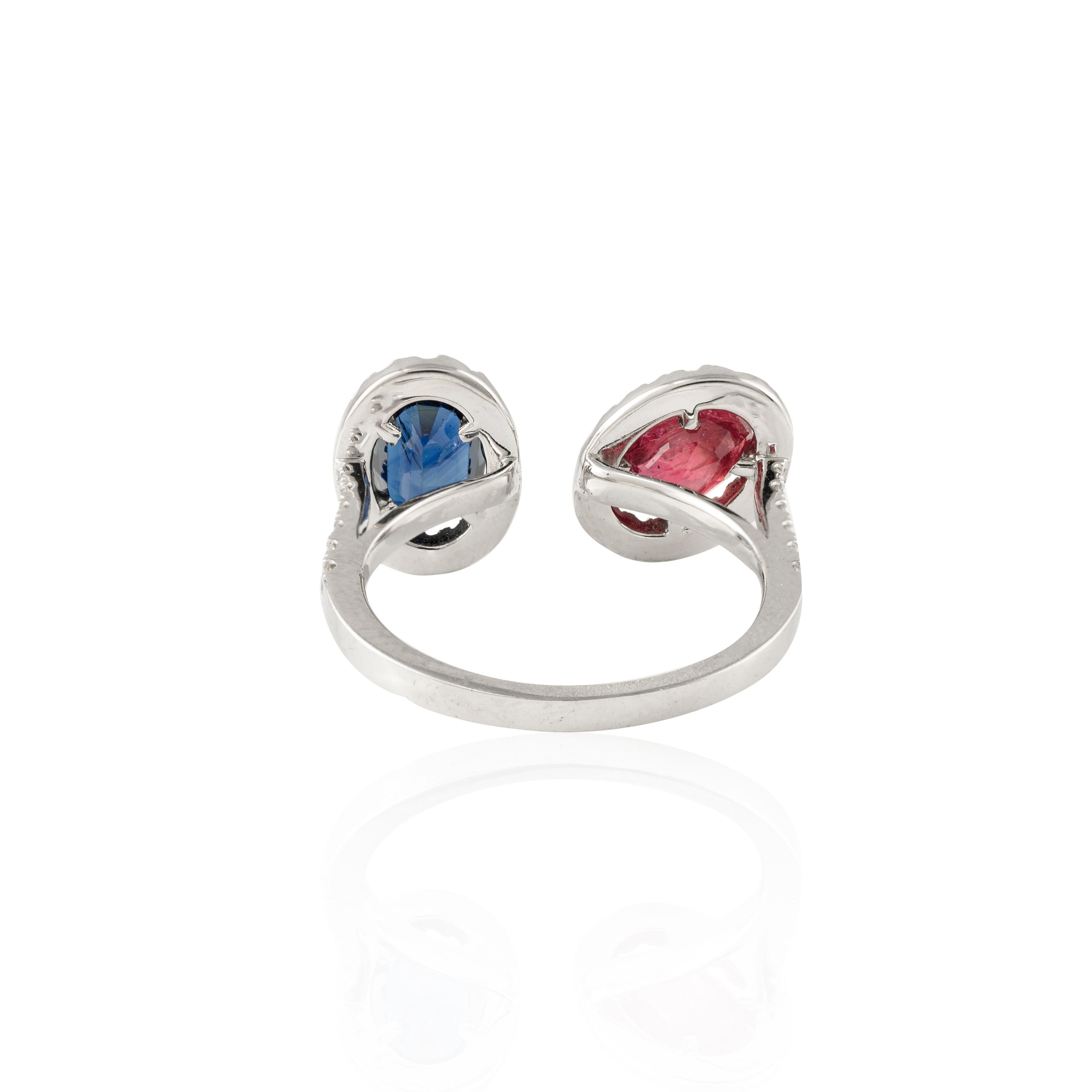 For Sale:  Certified Diamond, Ruby and Blue Sapphire Toi et Moi Ring 18k Solid White Gold 6