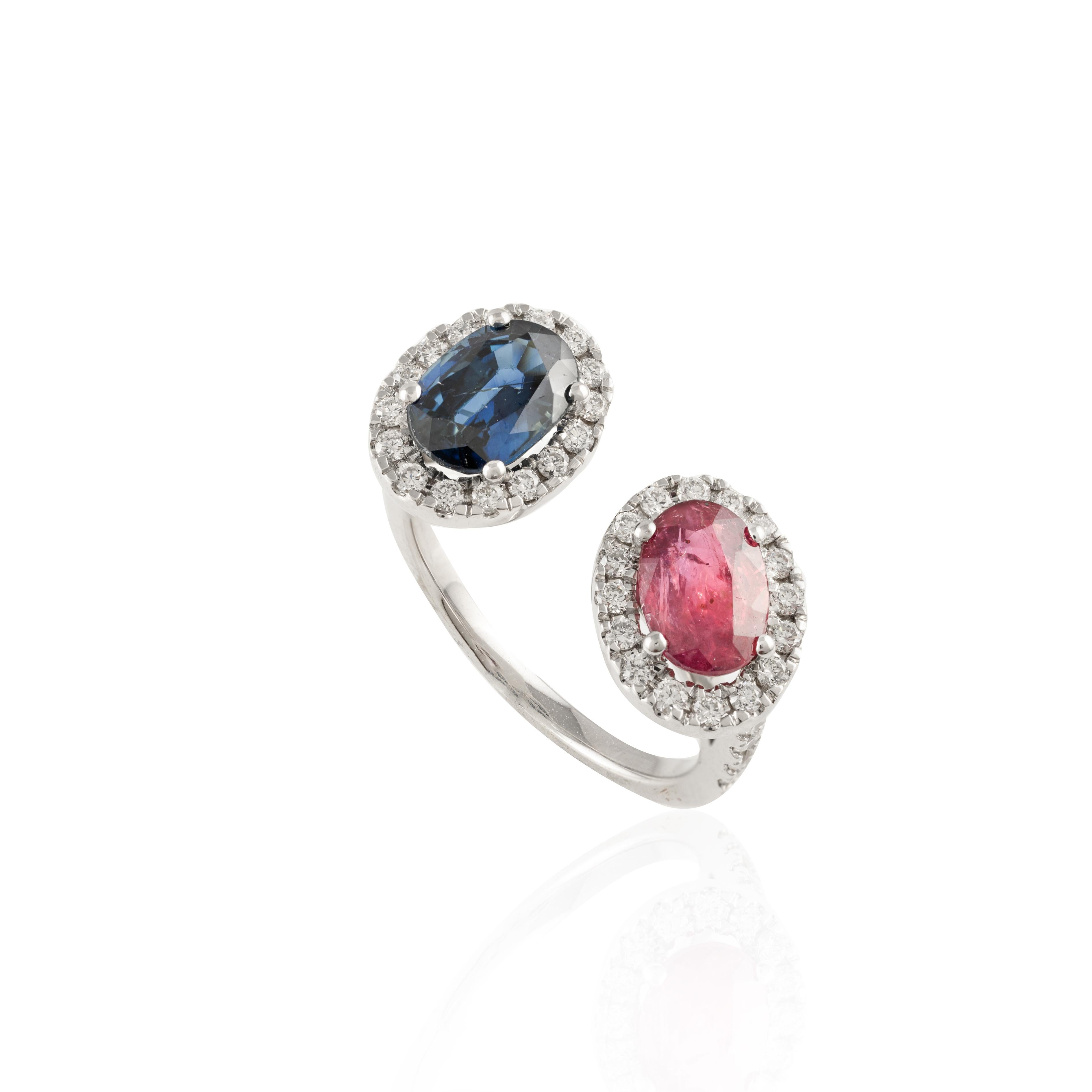 For Sale:  Certified Diamond, Ruby and Blue Sapphire Toi et Moi Ring 18k Solid White Gold 7