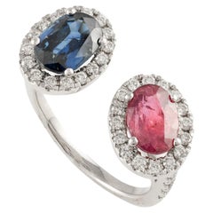 Anello con diamante certificato, rubino e zaffiro blu Toi et Moi, oro bianco massiccio 18 carati
