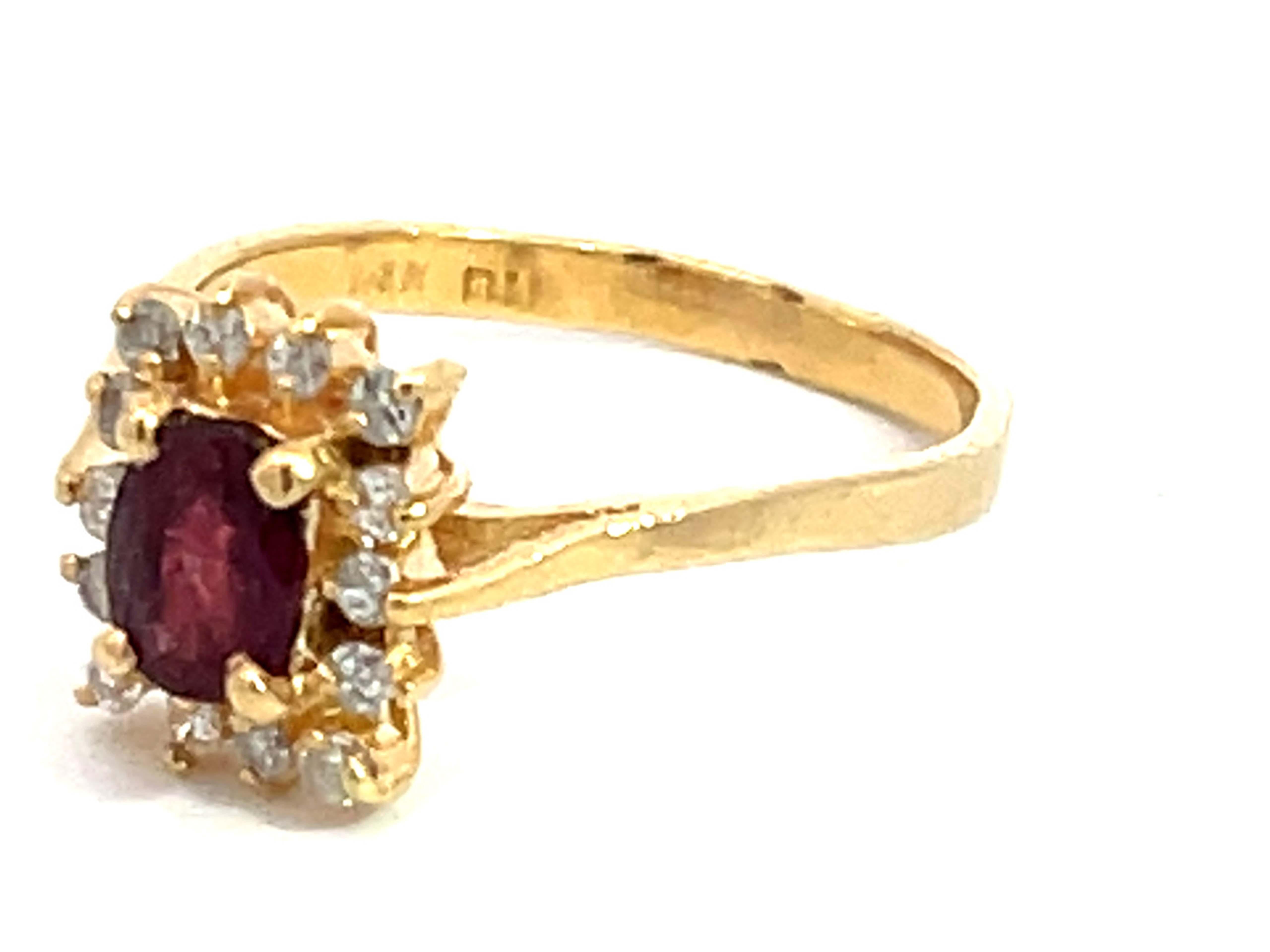 Modern Ruby and Square Diamond Halo Ring in 14k Yellow Gold For Sale