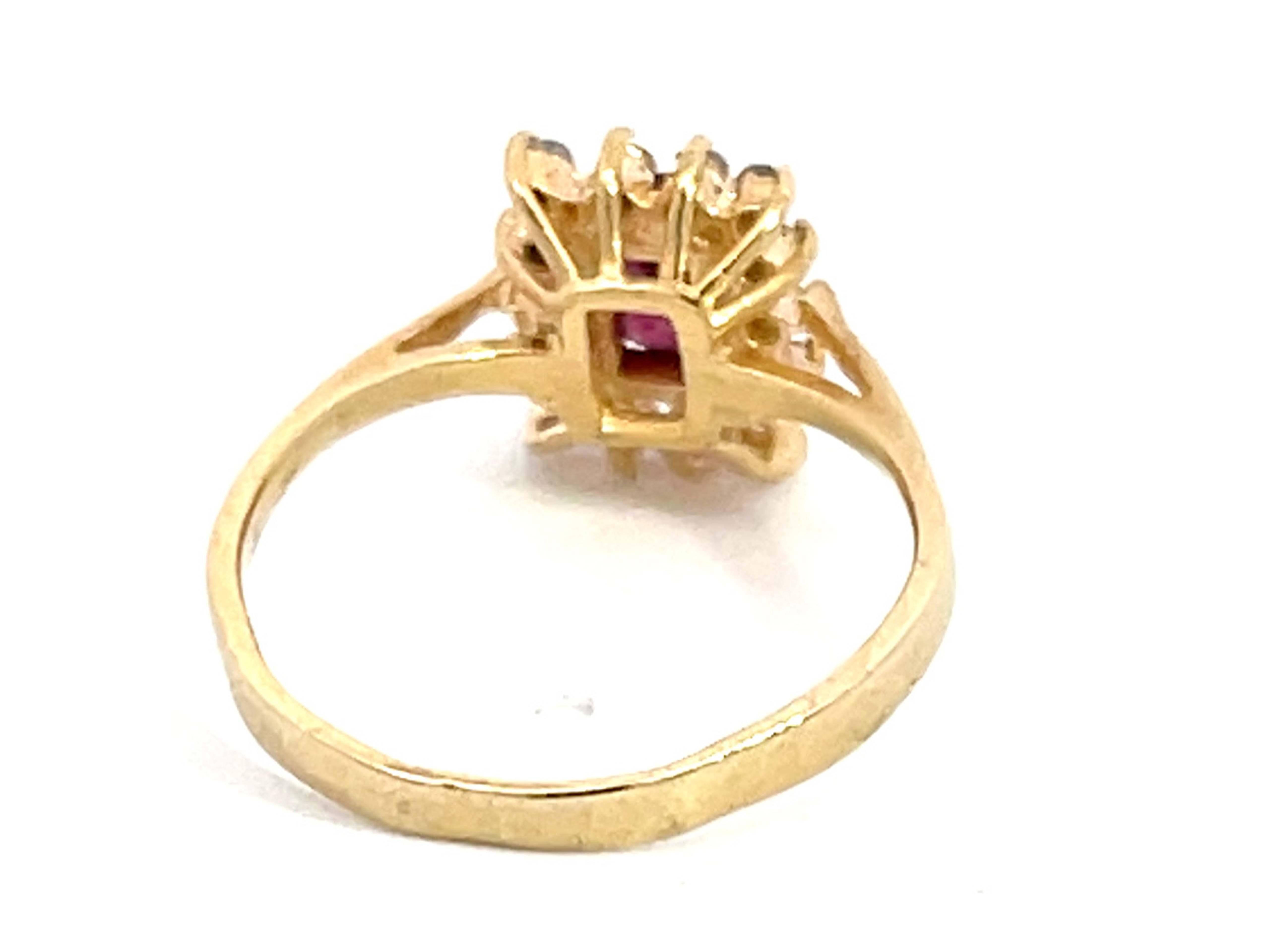 Women's Ruby and Square Diamond Halo Ring in 14k Yellow Gold For Sale