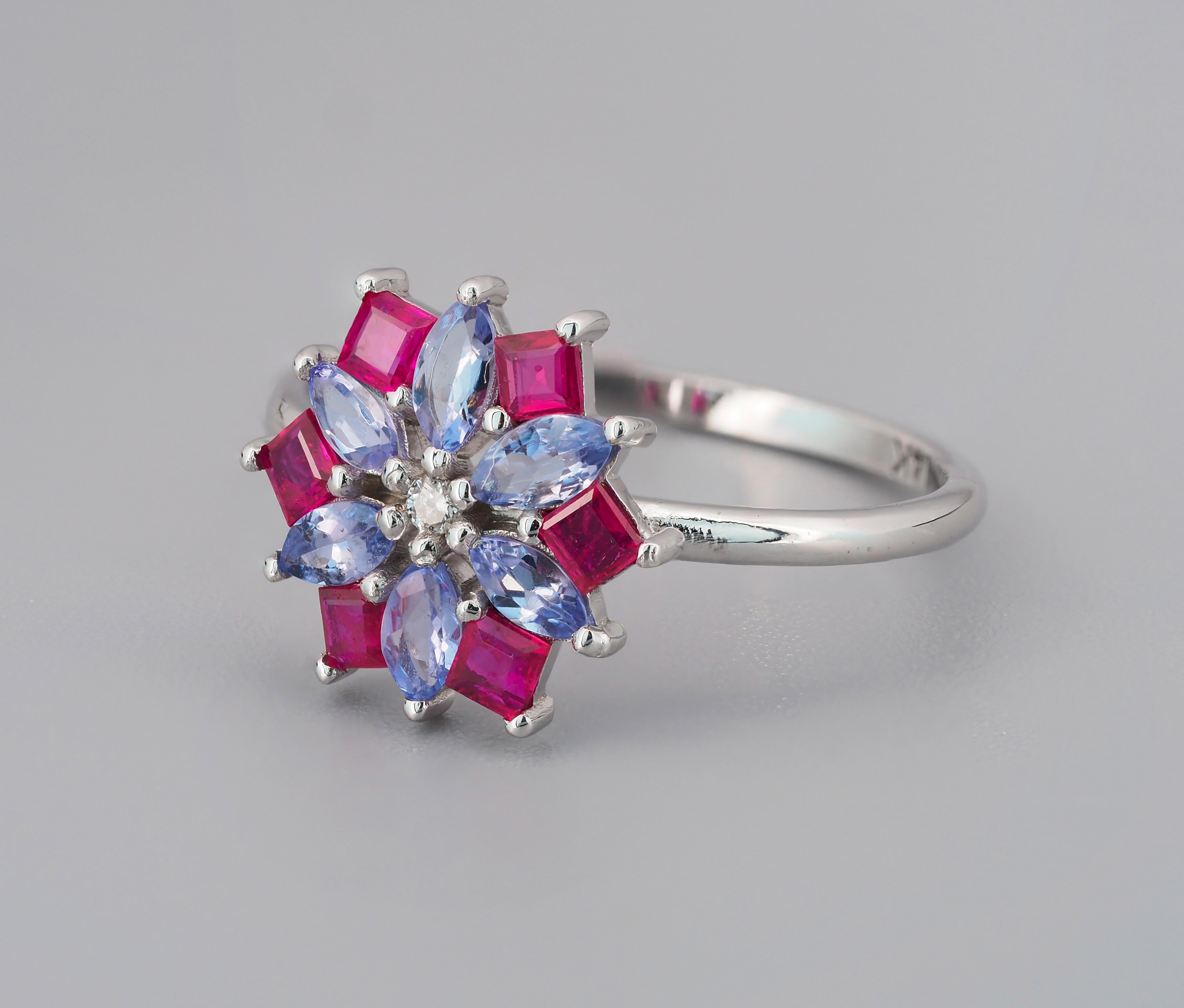 Modern Ruby and tanzanite 14k gold ring.  For Sale