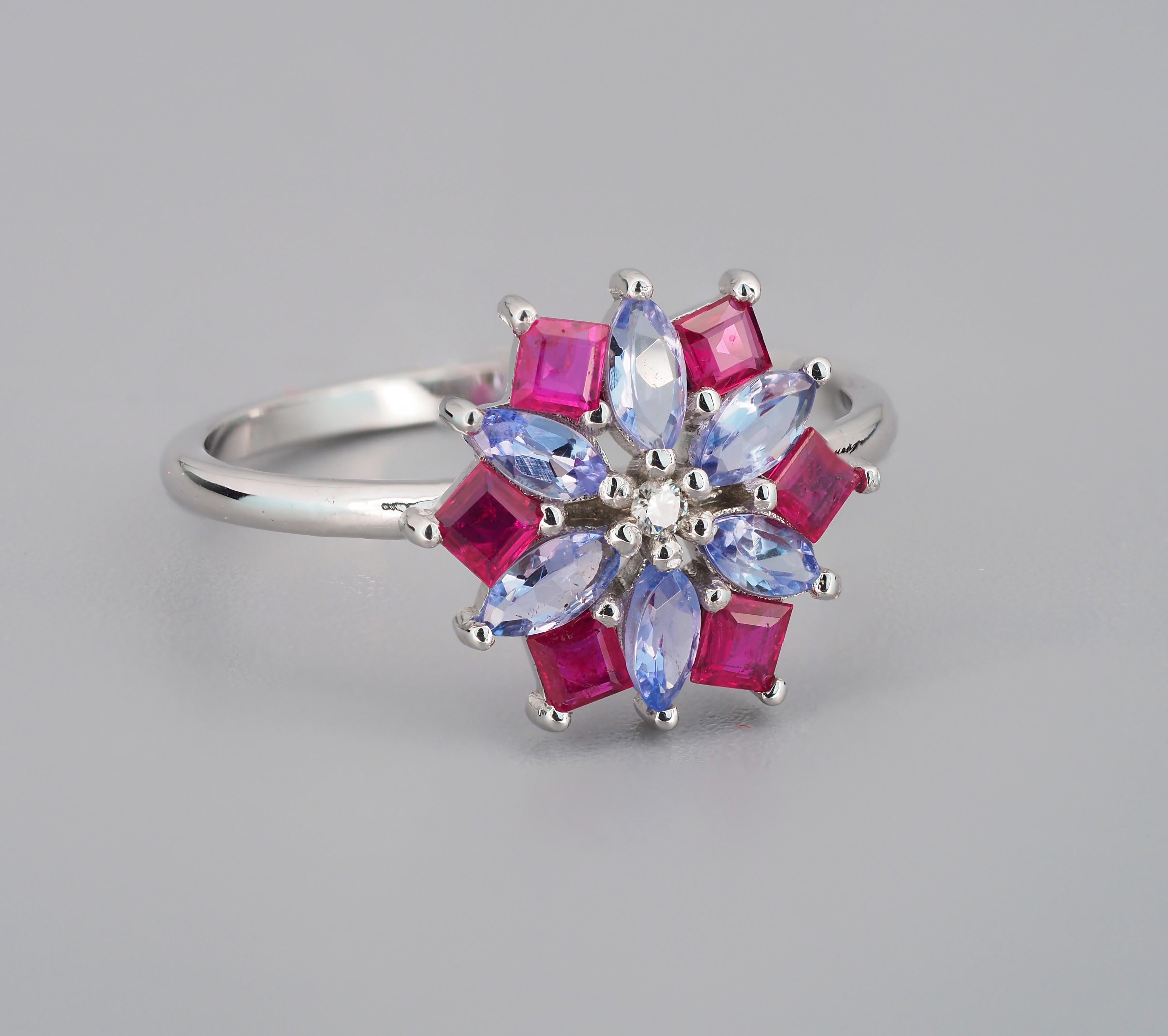 Marquise Cut Ruby and tanzanite 14k gold ring.  For Sale