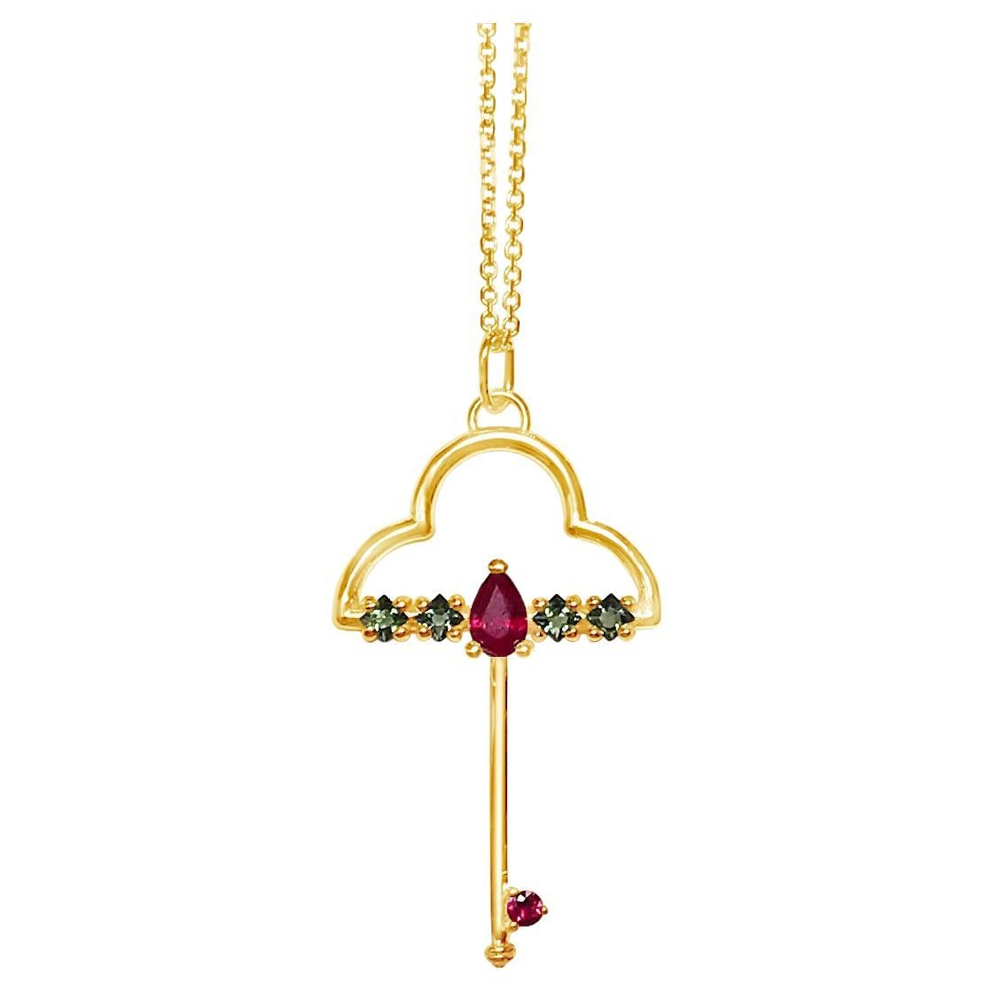 Ruby and tourmaline gold key necklace For Sale