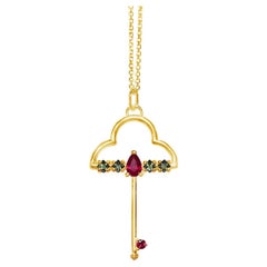Ruby and tourmaline gold key necklace