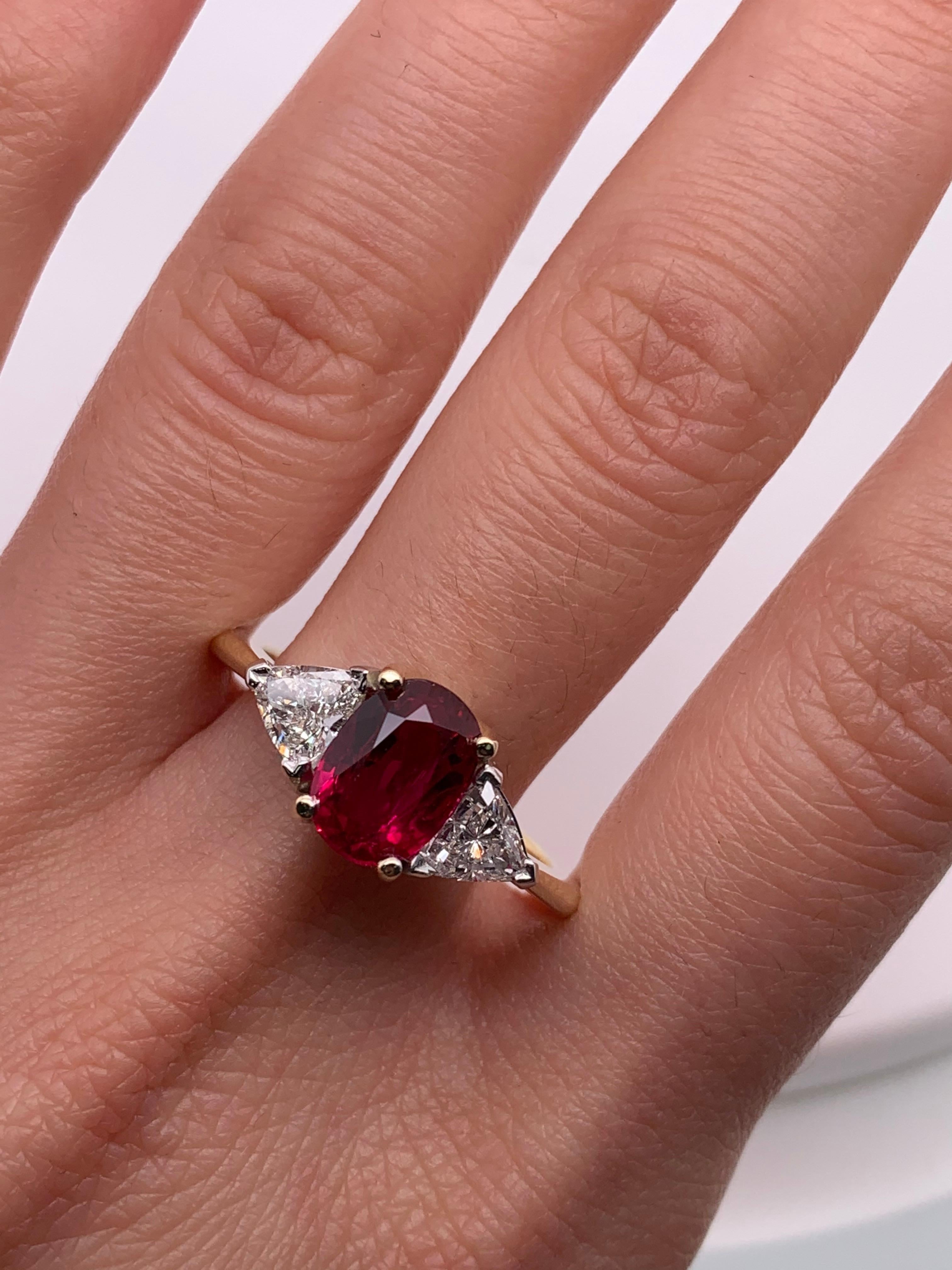 For Sale:  Ruby and trillion diamond trilogy engagement ring 18k yellow gold 2