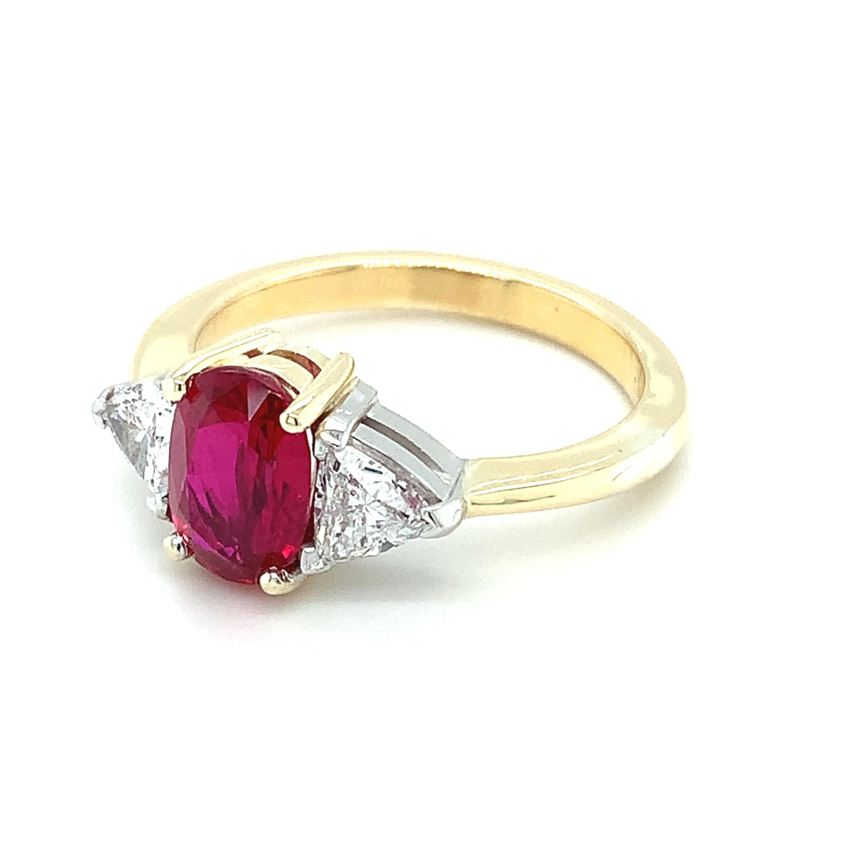 For Sale:  Ruby and trillion diamond trilogy engagement ring 18k yellow gold 6
