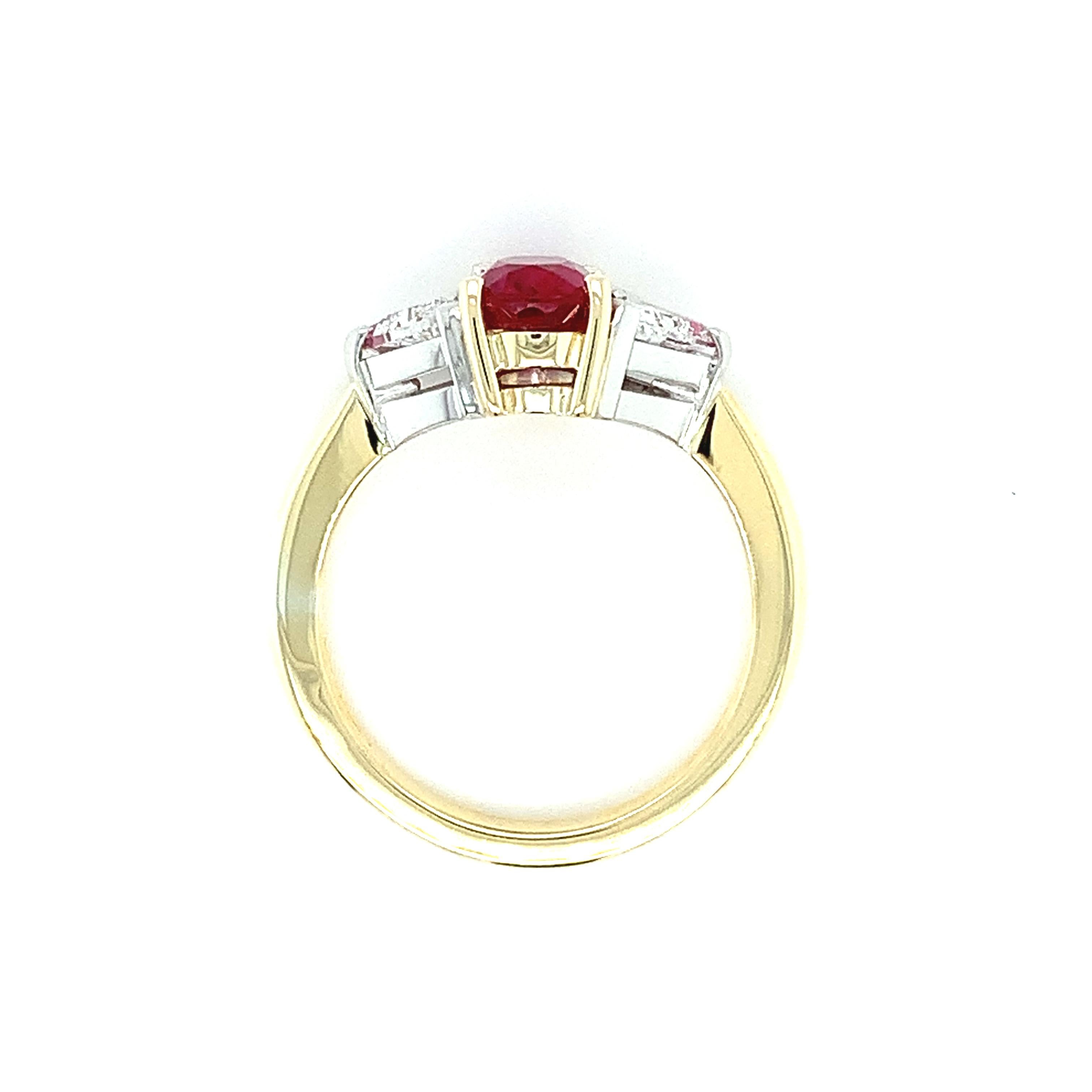 For Sale:  Ruby and trillion diamond trilogy engagement ring 18k yellow gold 7